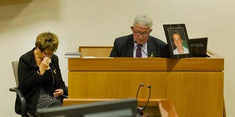 Pike River victim Michael Monk's photo is displayed as his parents, Kath and Bernie Monk, appear before the Royal Commission into the tragedy. Photo / The Press