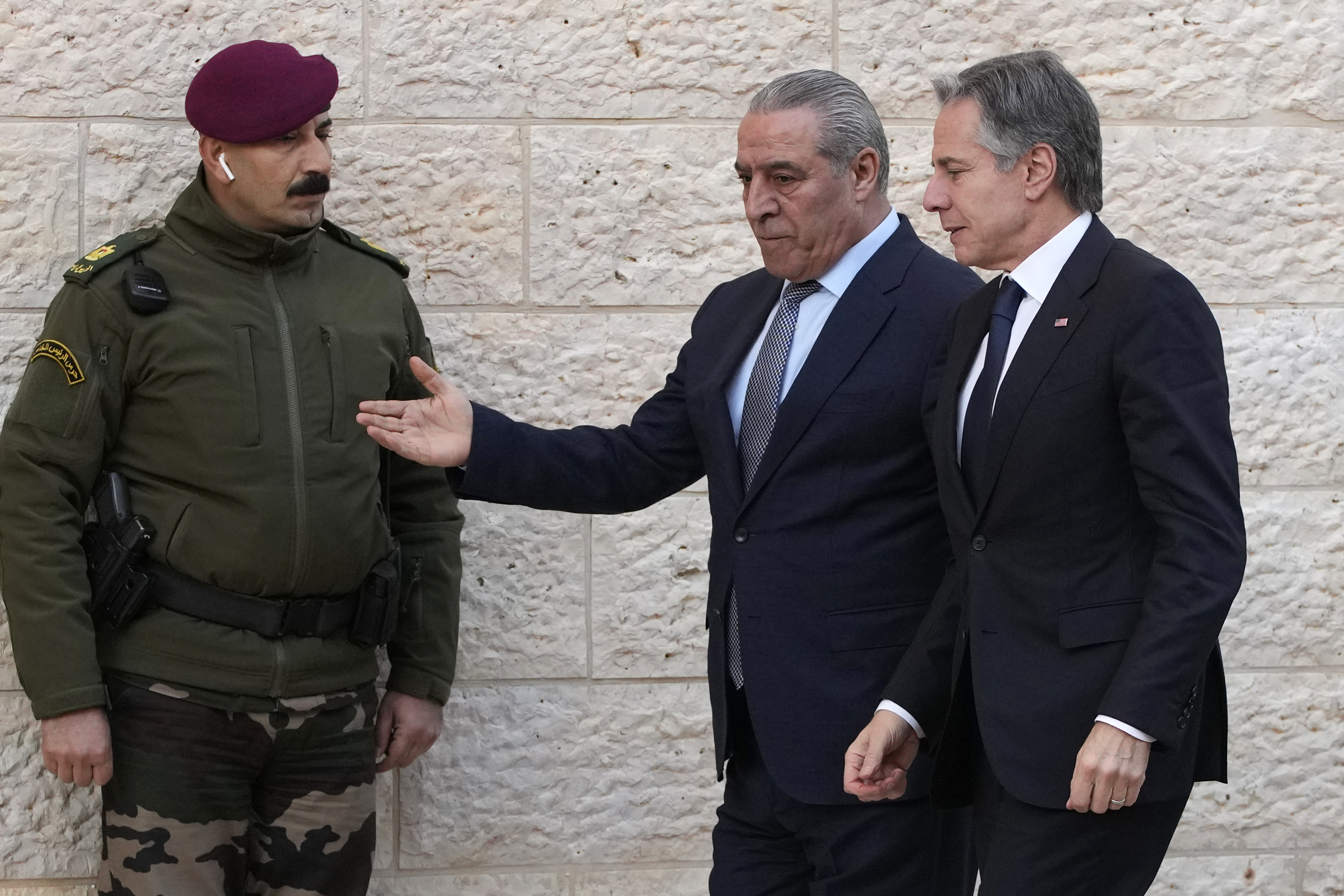 PLO Secretary General Hussein al-Sheikh (centre) welcomes US Secretary of State Antony Blinken before his meeting with Palestinian President Mahmoud Abbas. Photo / AP