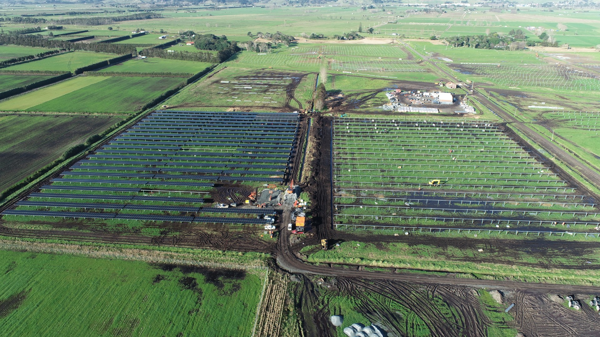 An aerial view of Lodestone’s 80 hectare solar farm taking shape on Gills Rd, near Kaitāia, that could end up powering big box retail stores from Kaitāia to Invercargill.