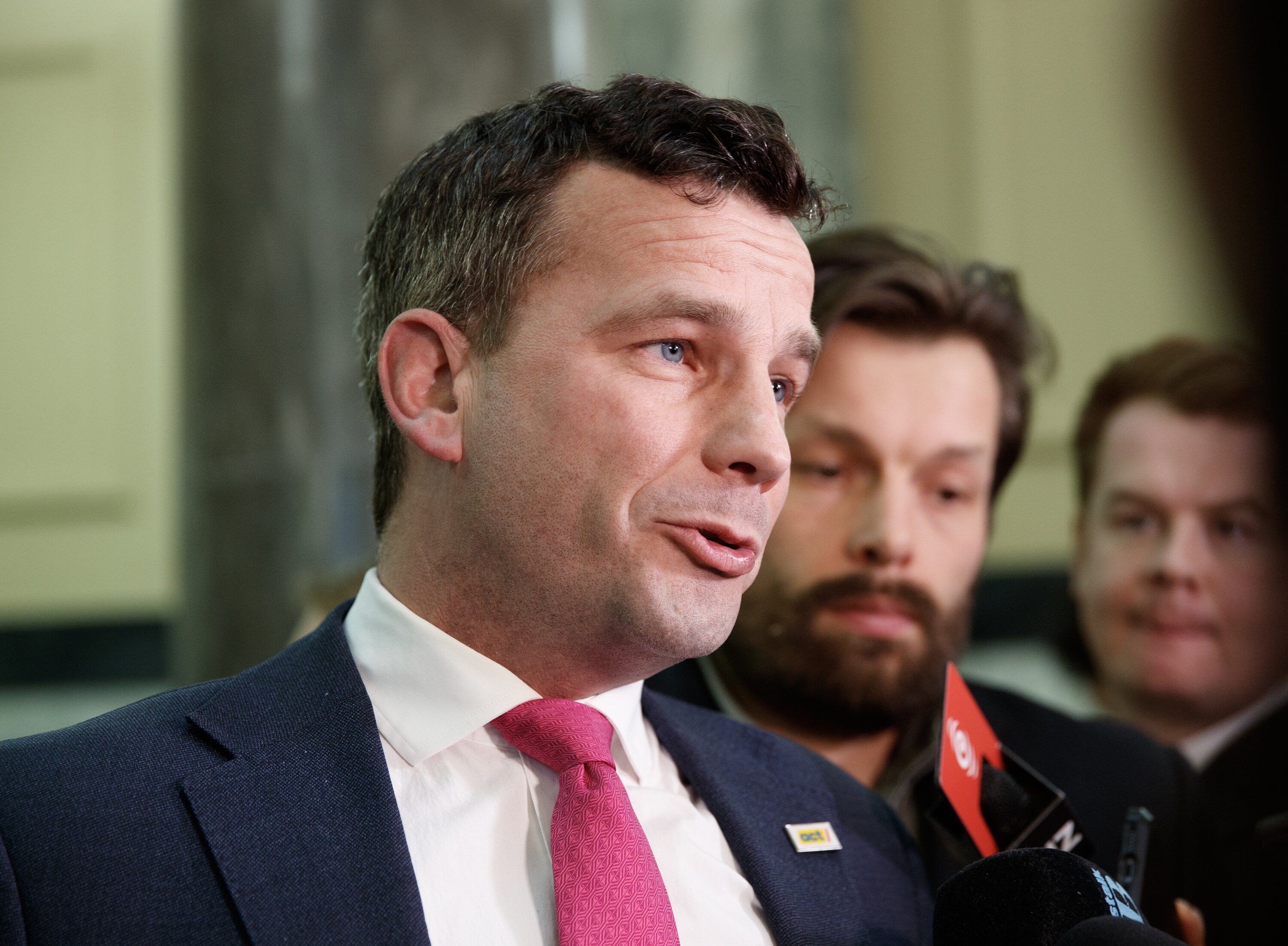 Act leader David Seymour speaks to reporters at Parliament. Photo / Mark Mitchell 