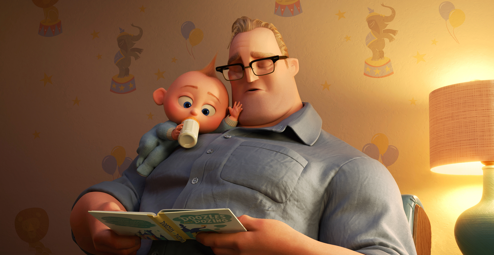 This image released by Disney Pixar shows characters Bob/Mr Incredible, voiced by Craig T. Nelson (right), and Jack Jack in Incredibles 2. Image / Disney/Pixar, via AP