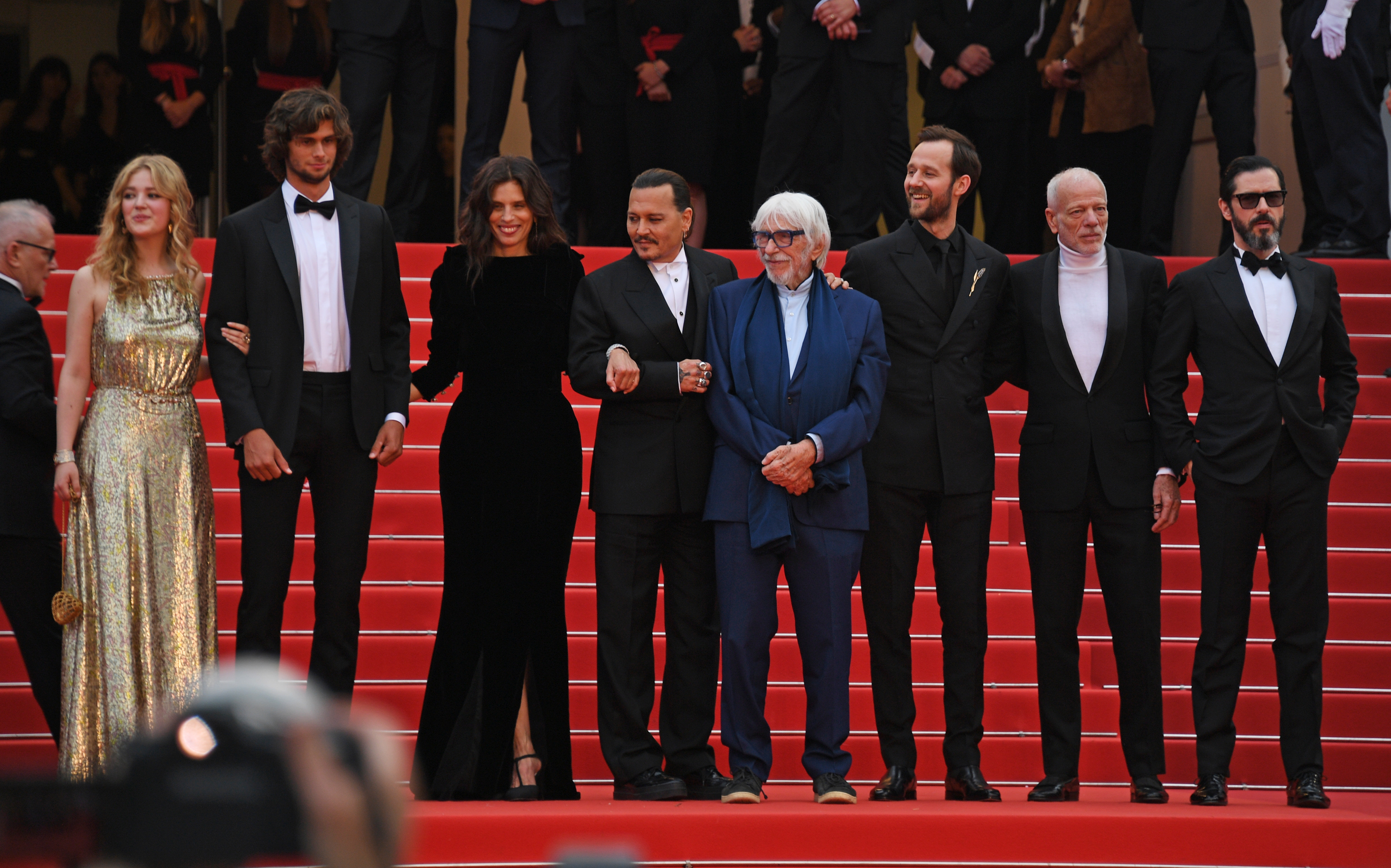 Pauline Pollmann, Diego Le Fur, Maiwenn aka Maiwenn Le Besco, Johnny Depp, Pierre Richard, Benjamin Lavernhe, Pascal Greggory and Melvil Poupaud. Photo / Getty Images