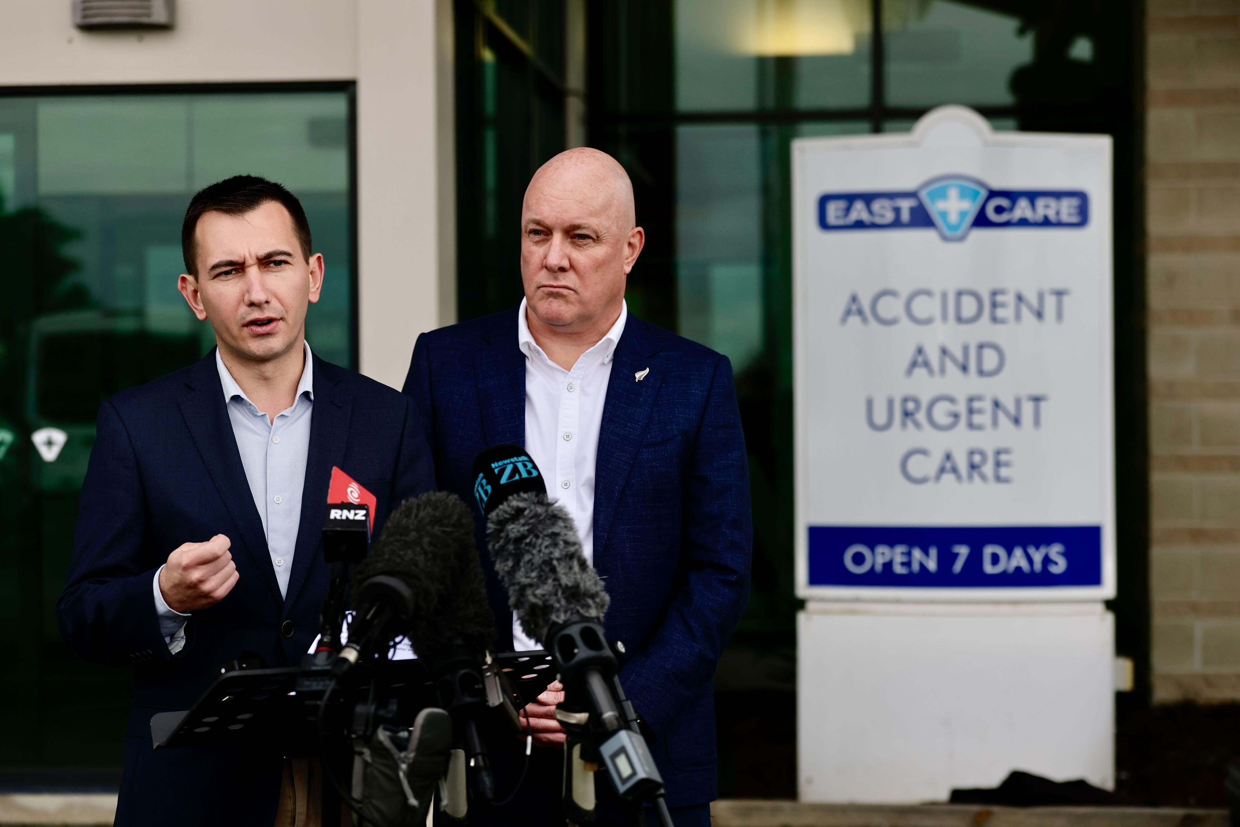 Christopher Luxon and Simeon Brown announced $164m for new 24/7 urgent care services at East Care in Botany today. Photo / Dean Purcell