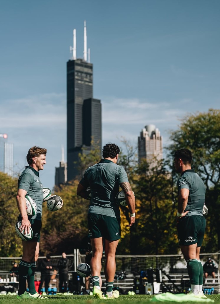 The All Blacks train with a distinctive Chicago backdrop. Photo / All Blacks