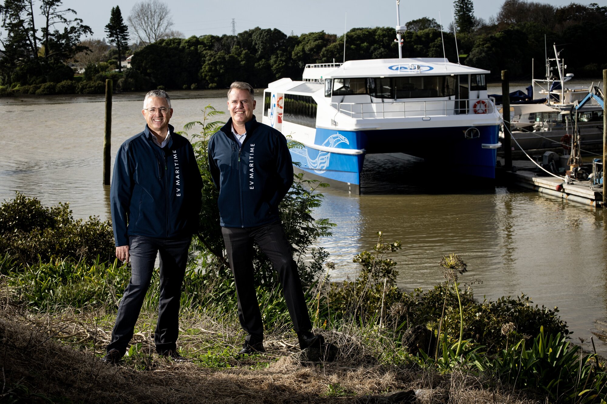 EV Maritime chief executive Michael Eaglen and chairman Damian Camp with Auckland's first electric ferry. Photo / Dean Purcell 