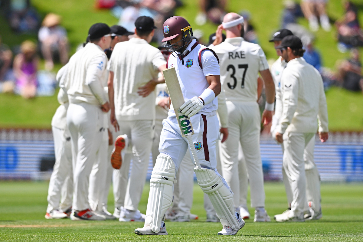 West Indies' Brandon King leaves the field after being run out against the Black Caps. Photo / Photosport