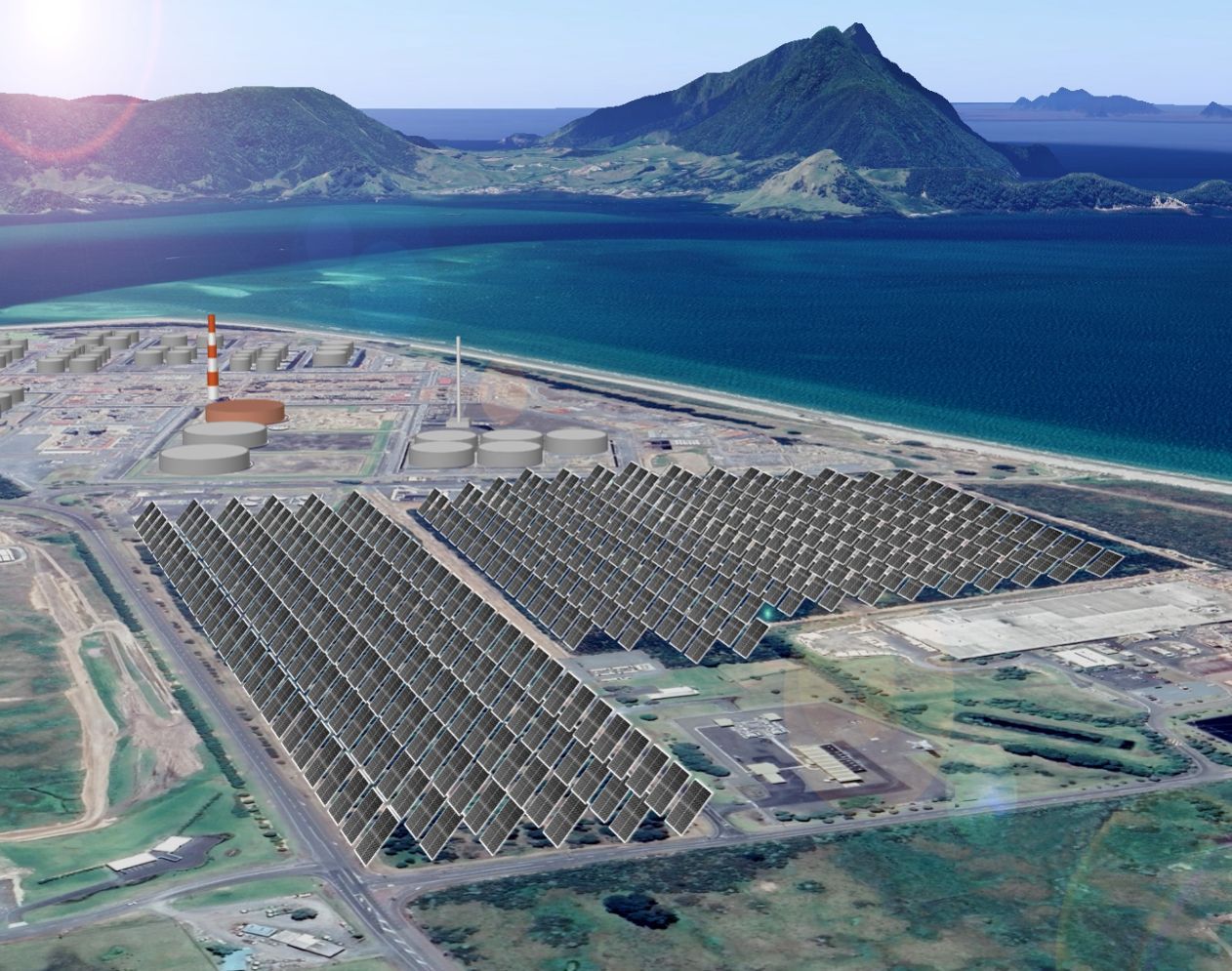 An artist's impression of a proposed $39 million solar plant adjacent to Marsden Pt's Channel Infrastructure refinery. Image / Supplied