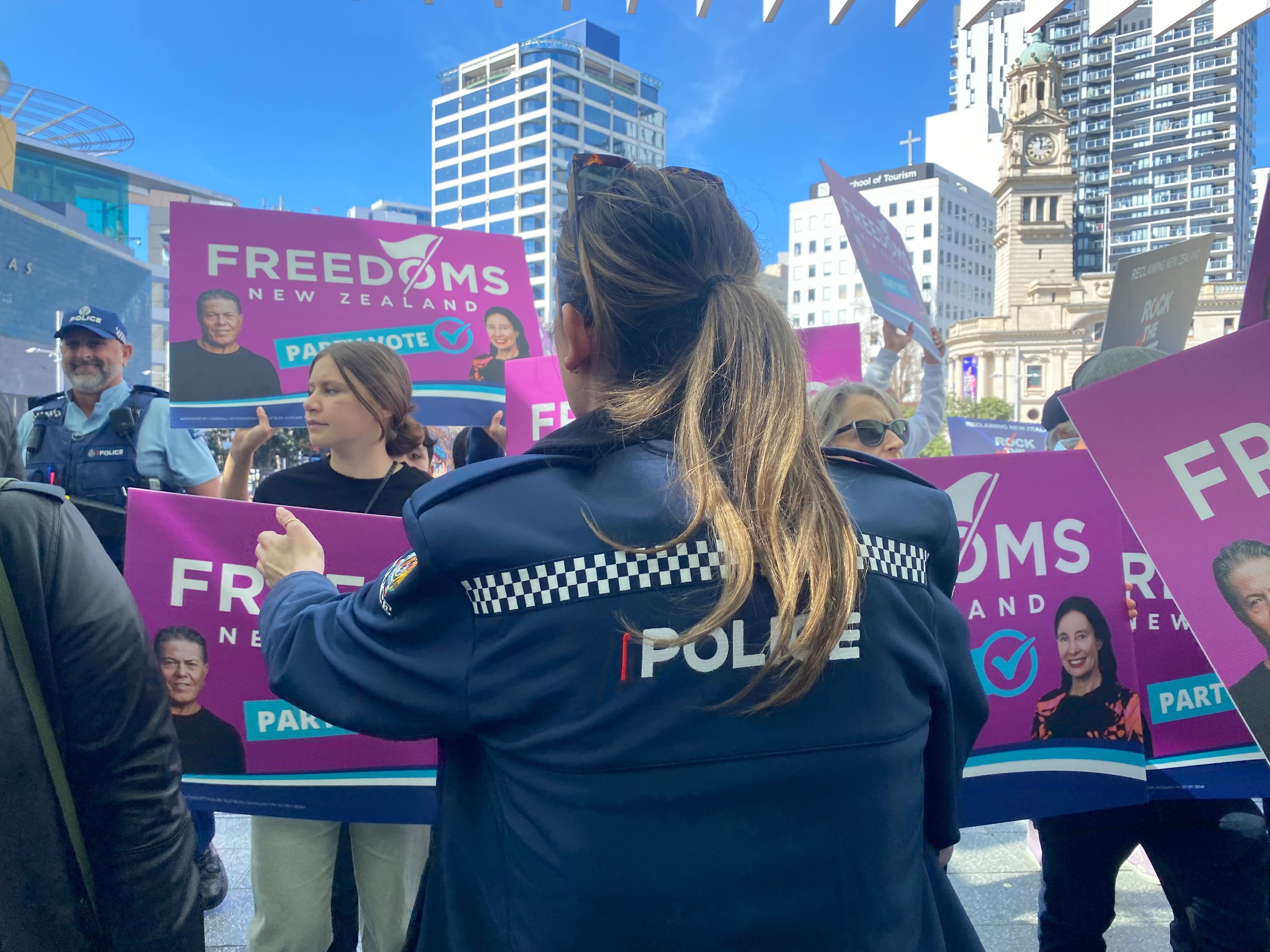 Police were called after Freedoms NZ protesters tried to stop people entering Aotea Centre for the Labour Party's campaign launch today. Photo / Jason Walls