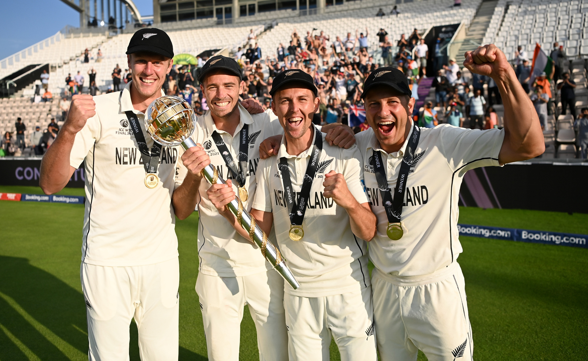 Kyle Jamieson, Tim Southee, Trent Boult and Neil Wagner celebrate winning the World Test Championship, 2021. Photo / Getty Images