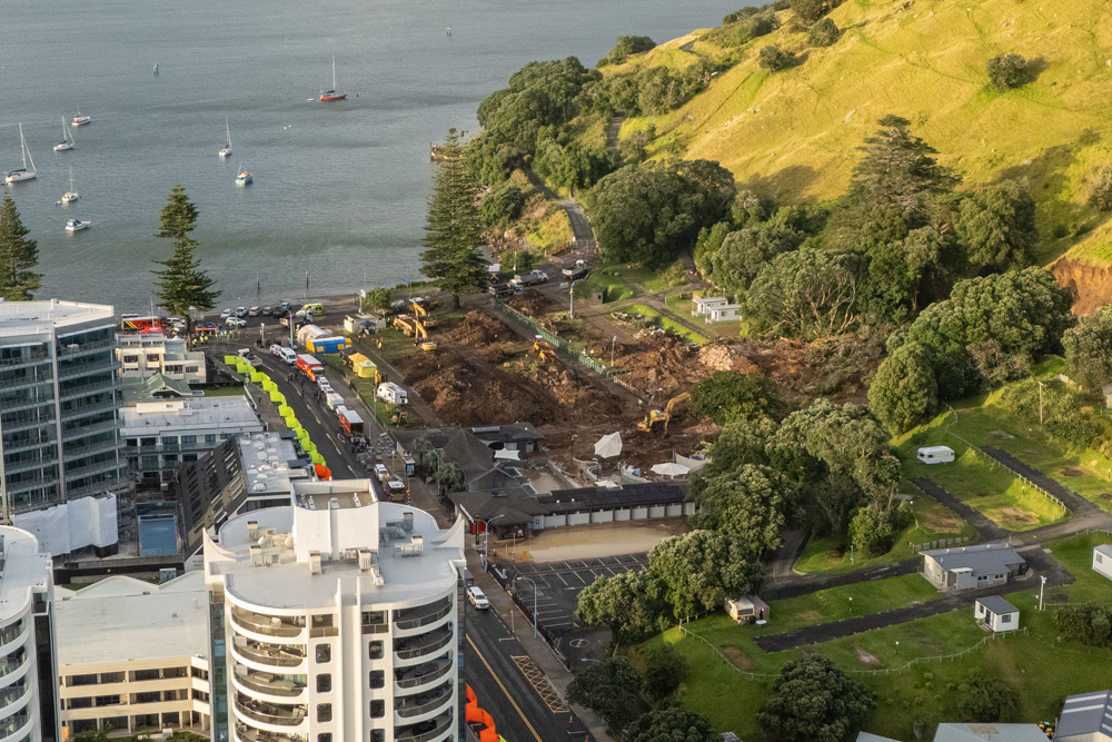 An aerial view of the slip site and debris removed as search and rescue staff try to locate the remains of six people. Photo / Jason Dorday