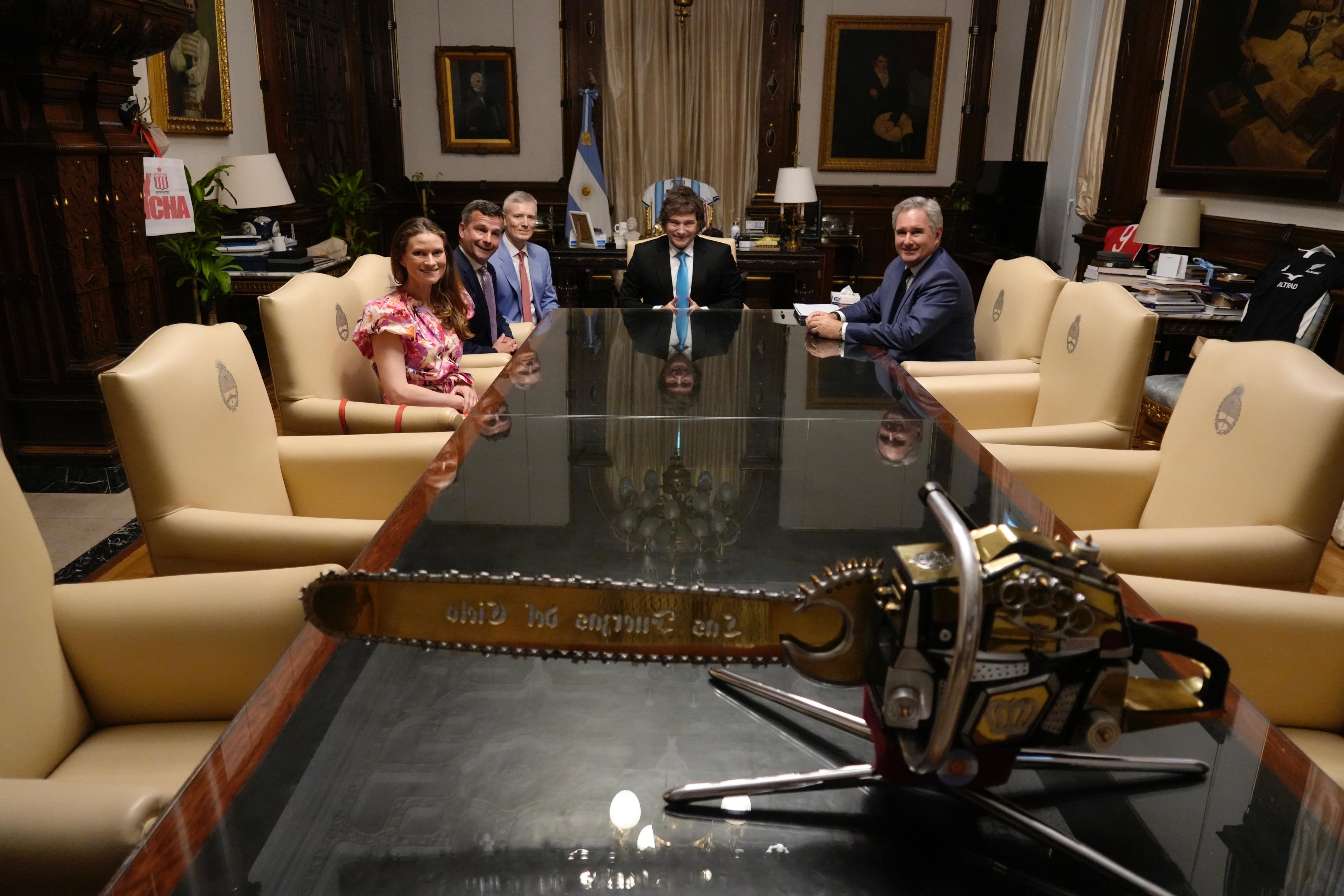 Act leader David Seymour and his partner Alexandra Vincent Martelli (left) meet with Argentina's President Javier Milei and Foreign Minister Pablo Quirno. Photo / Supplied