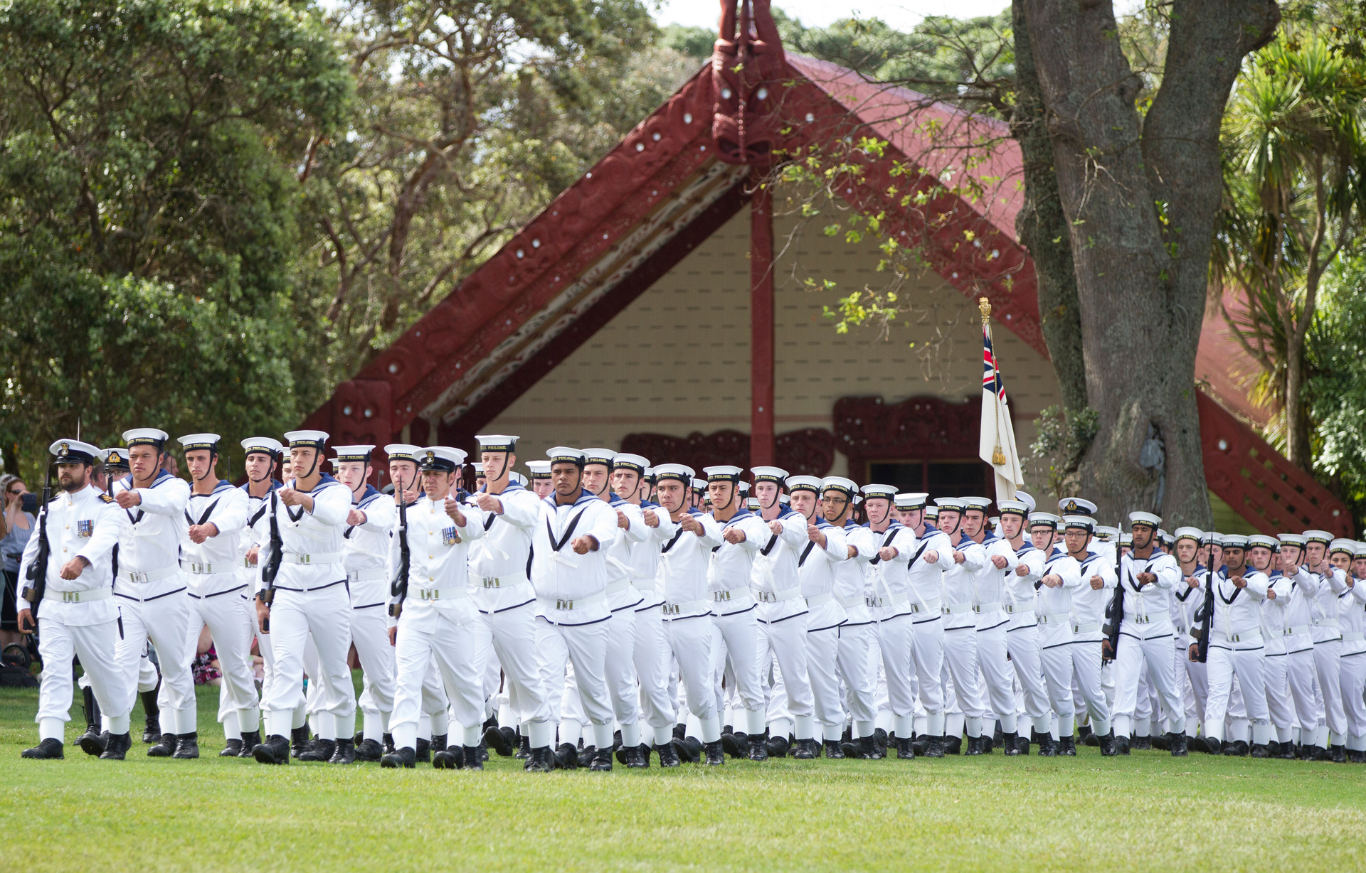 Crew of HMNZS Philomel marching on the Treaty Grounds in 2015 not far from where the tent had stood in 1840. Photo / Jason Oxenham