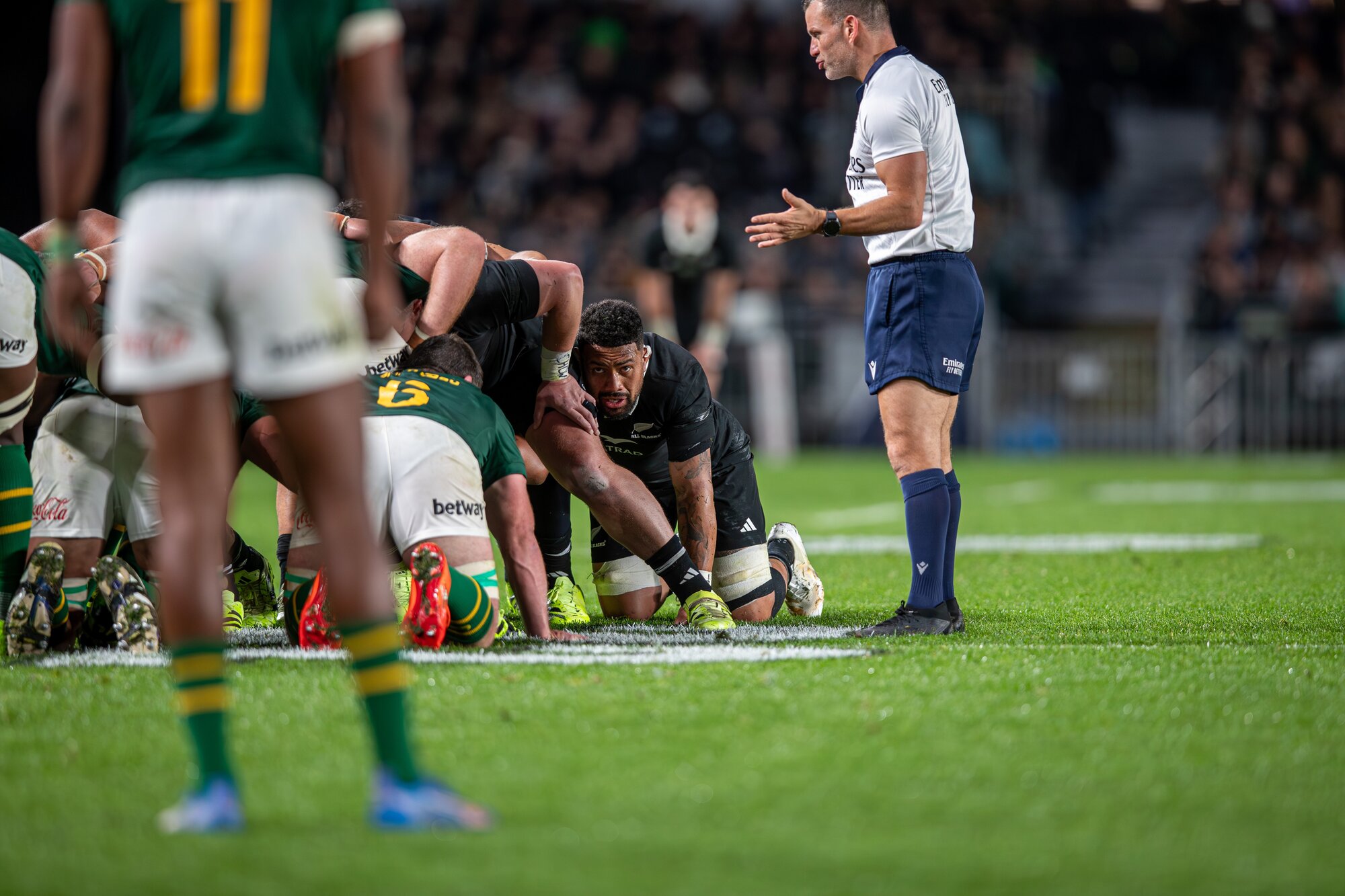 The All Blacks beat the Springboks at Eden Park – but conceded one highly embarrassing scrum defeat, which led to the visitors' first try. Photo / Alyse Wright