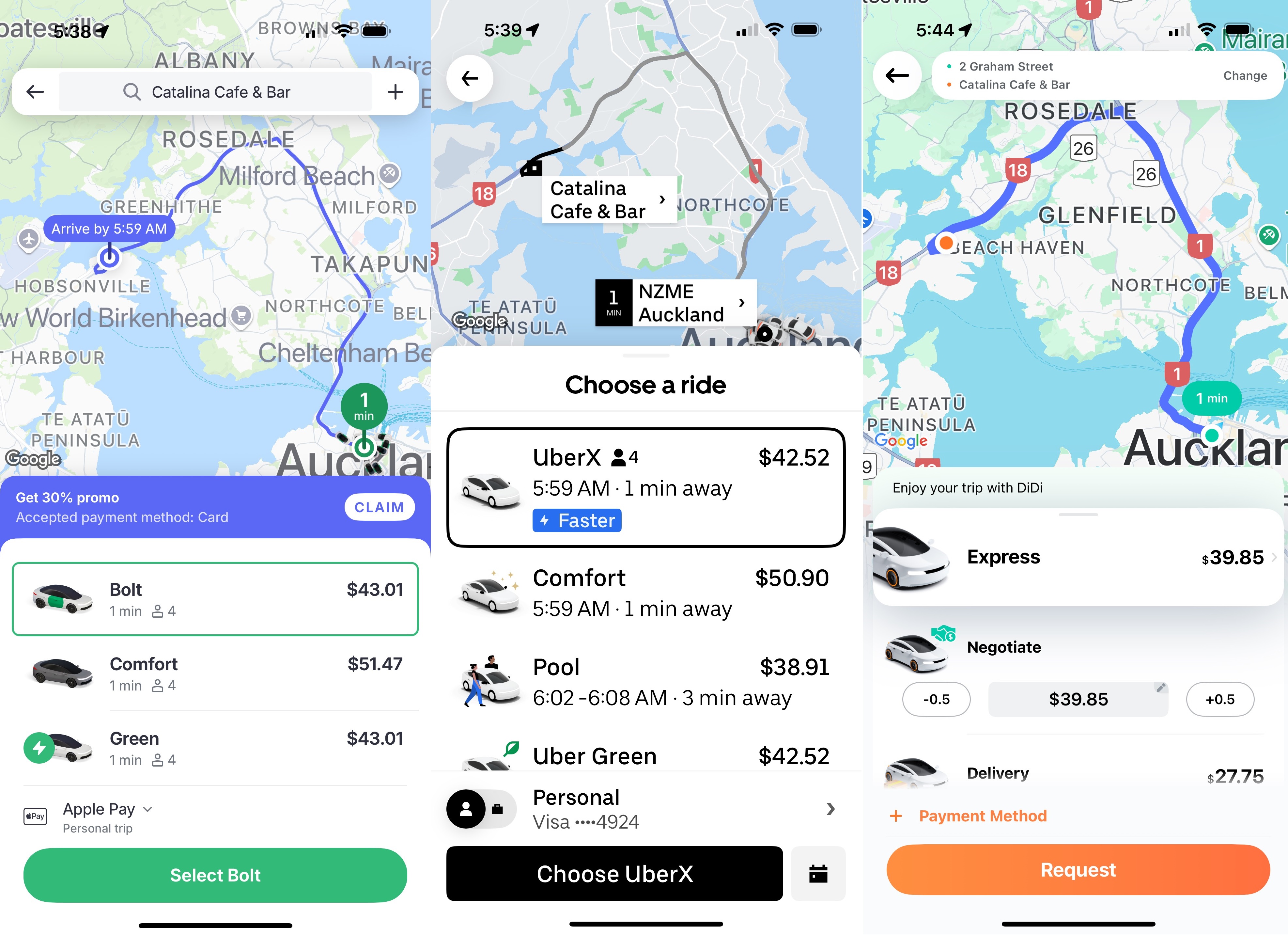 Off-peak, against rush-hour rides from the Herald to a cafe in Hobsonville, booked minutes apart on Bolt's launch day. From left: Bolt, Uber and DiDi. All promised a driver within a minute. Given drivers are part-time contractors, it was possible it was the same driver for all three. Montage / Chris Keall