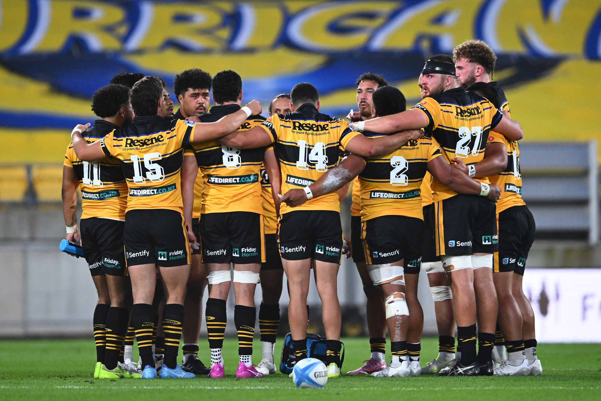 Hurricanes players huddle ahead of hosting Moana Pasifika. Photo / Photosport