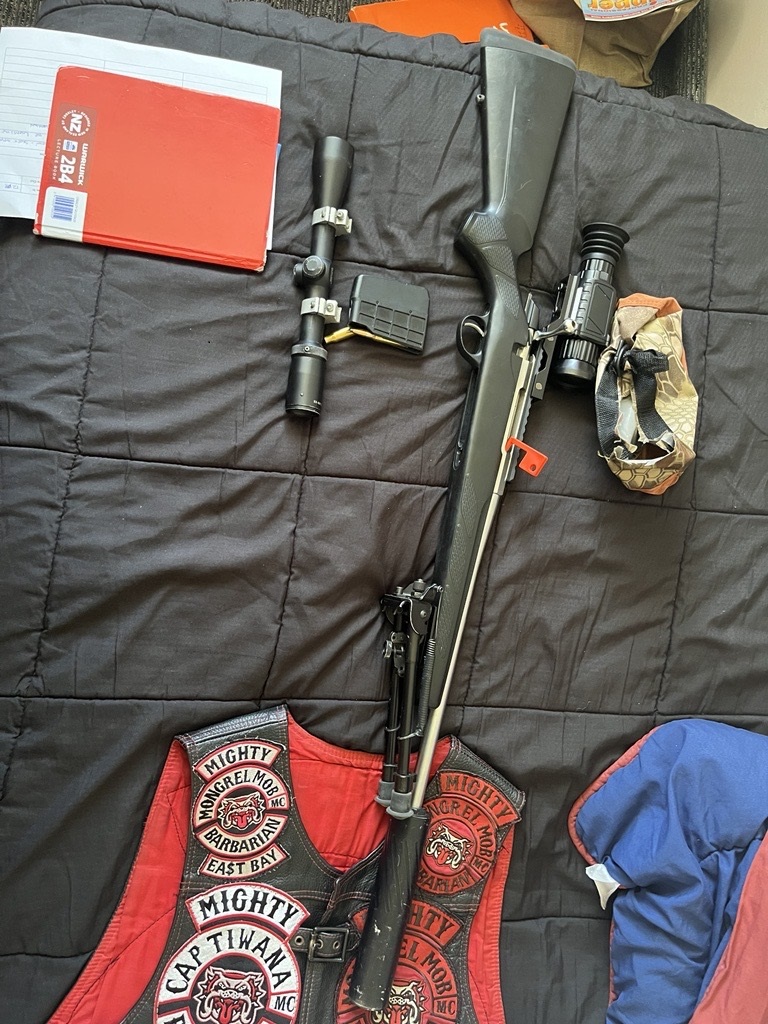 Six firearms and 13 Mongrel Mob Barbarian patches were seized across the North Island as part of Operation Highwater.