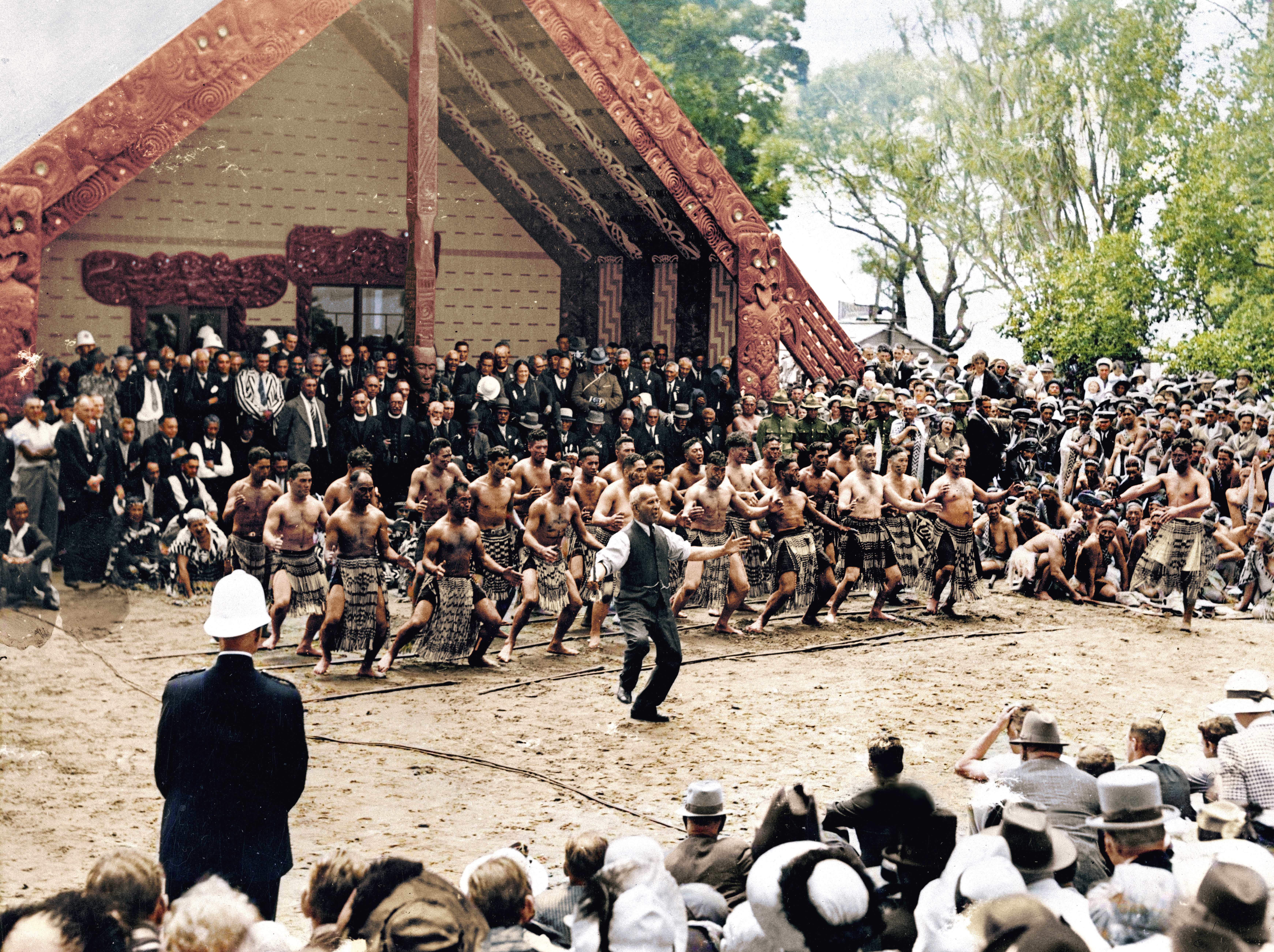 Apirana Ngata leads the haka at the opening of the wharenui at Waitangi during the centennial celebrations of 1940. Photo / UNKNOWN, Alexander Turnbull Library, MNZ27461/2F
