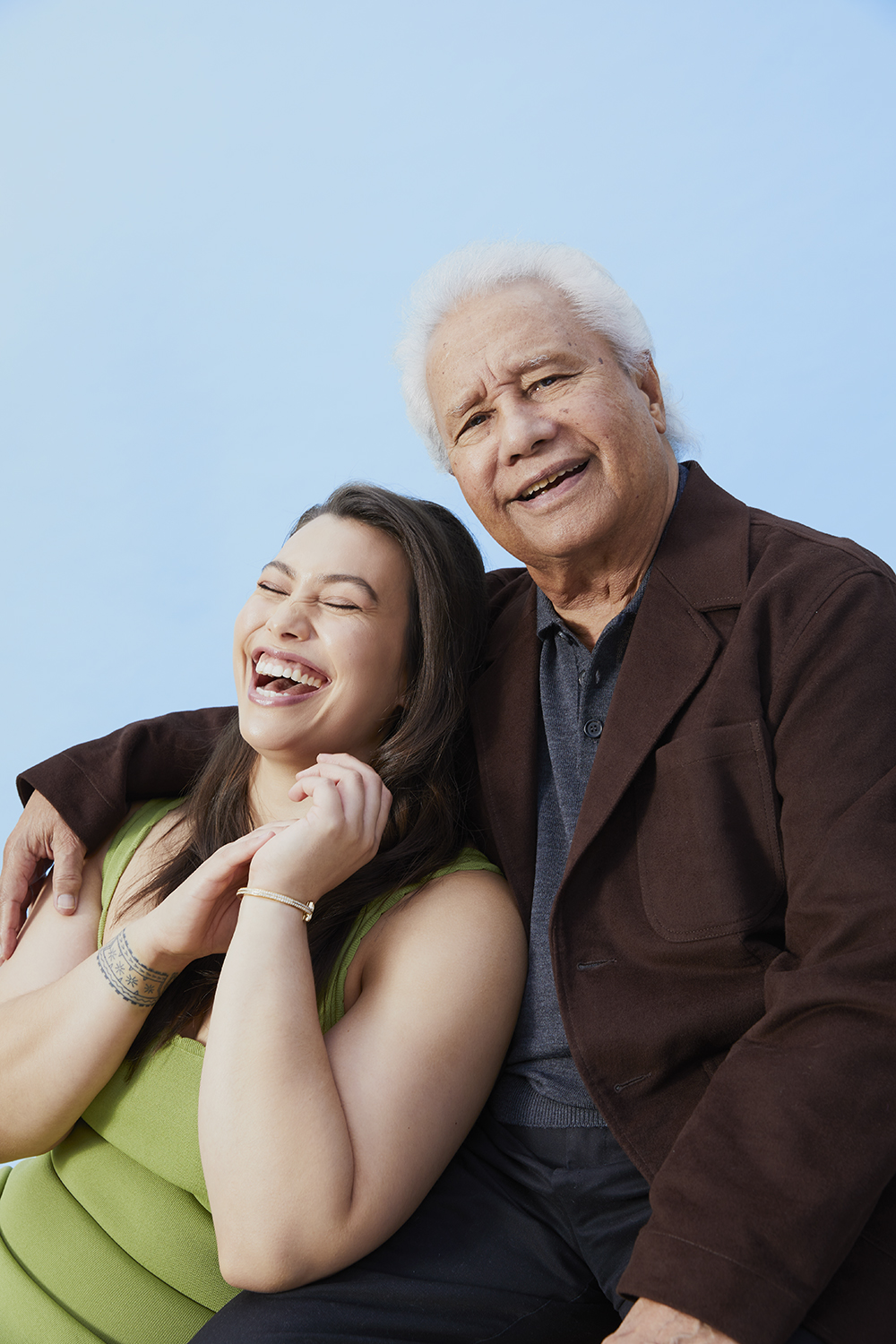 Isabella Moore and her grandfather, the iconic writer and artist Albert Wendt. Photo / Mara Sommer