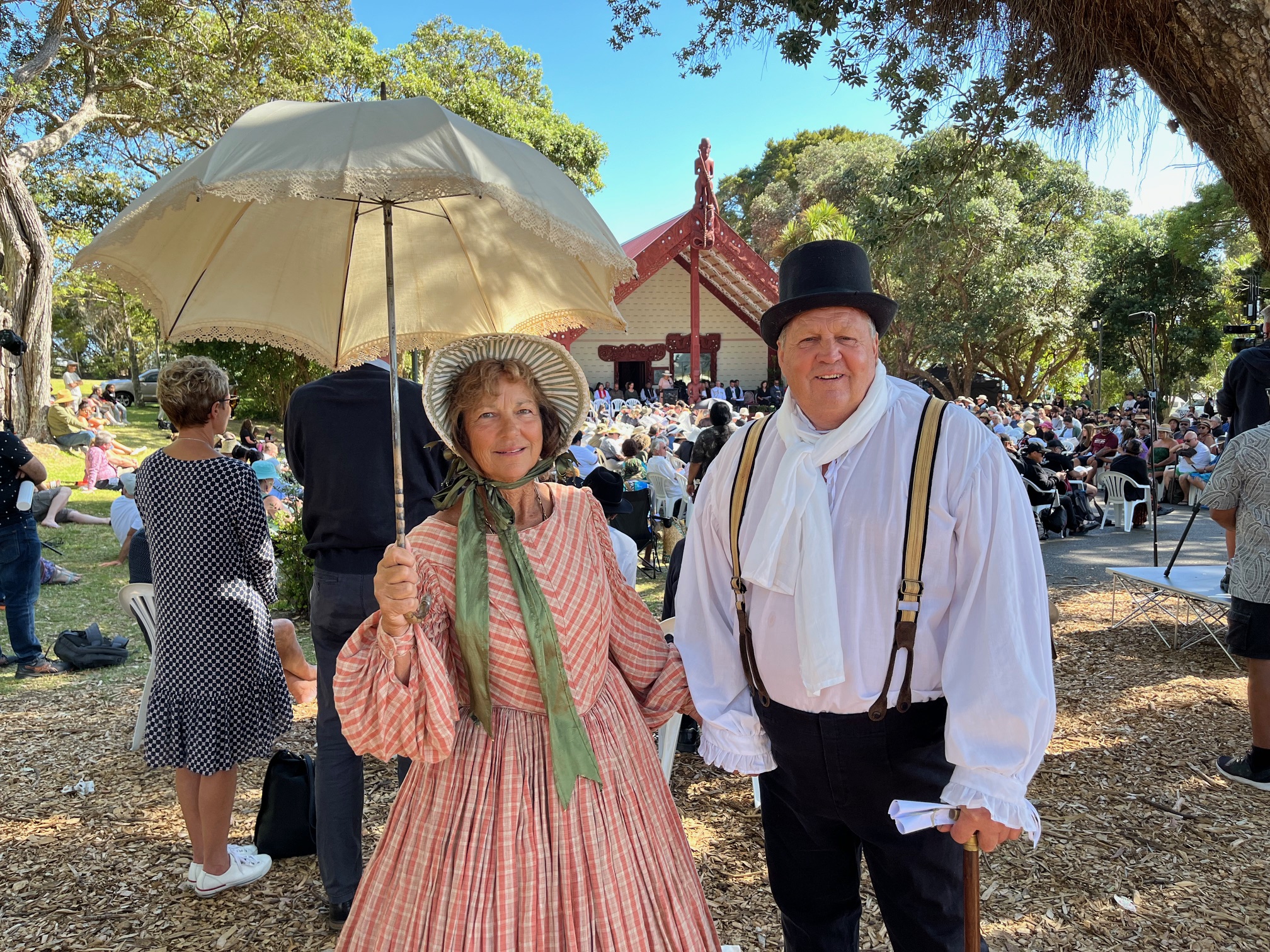Kaipara Mayor Craig Jepson and partner Jeannette Reid in their 1840s English settler costumes at Waitangi Treaty Grounds. Photo / Craig Jepson