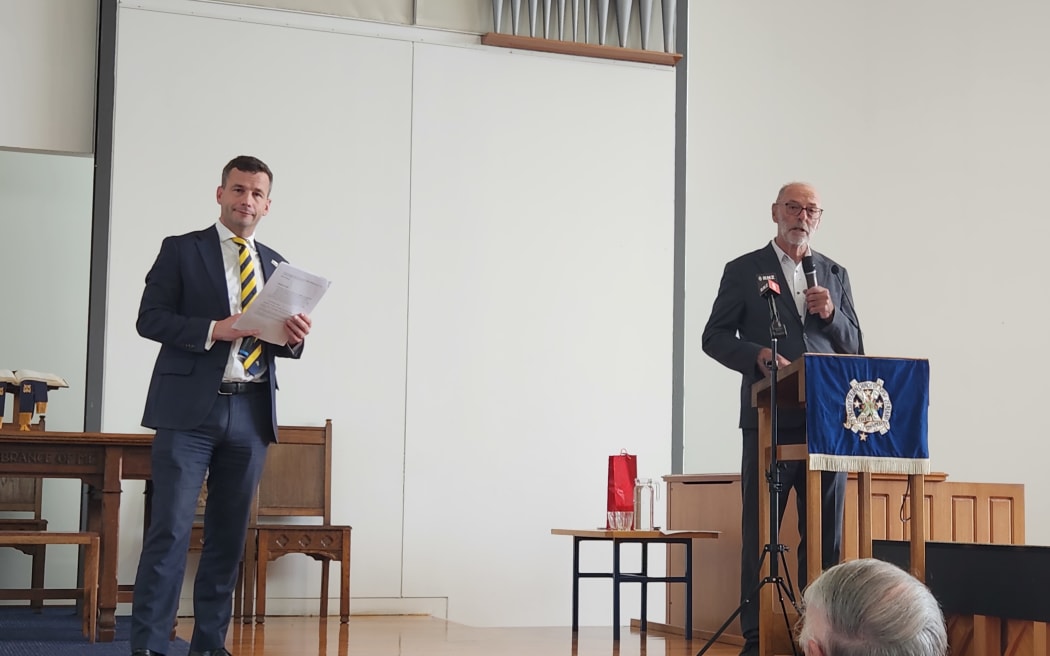 Auckland Mayor Wayne Brown (right) with Act Party leader David Seymour at a public meeting in Remuera last Friday. Photo / RNZ / Finn Blackwell