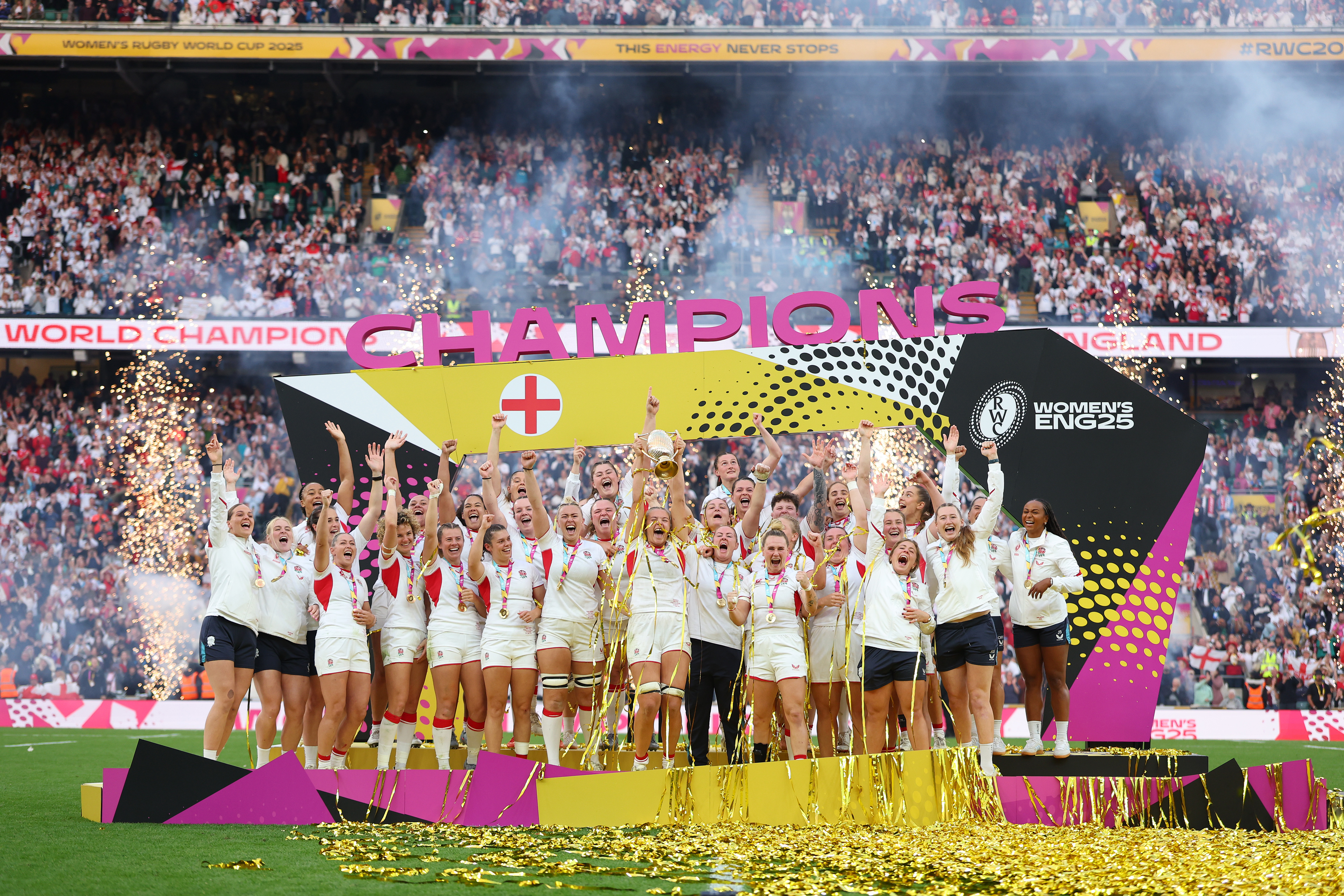 Zoe Aldcroft of England lifts the Women's Rugby World Cup trophy following victory in the Women's Rugby World Cup 2025 Final match between Canada and England at Twickenham. Photo / Getty Images