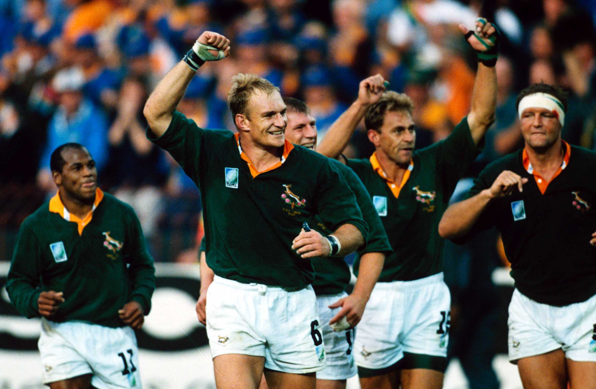 Francois Pienaar and South Africa celeberate after the rugby World Cup final in 1995. Photo / Photosport