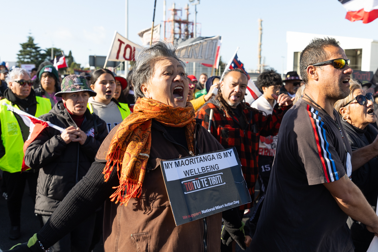 More than 2500 people marched on State Highway 2 and Hewlett’s Road after gathering at Whareroa Reserve in Tauranga this morning. Photo / Alex Cairns