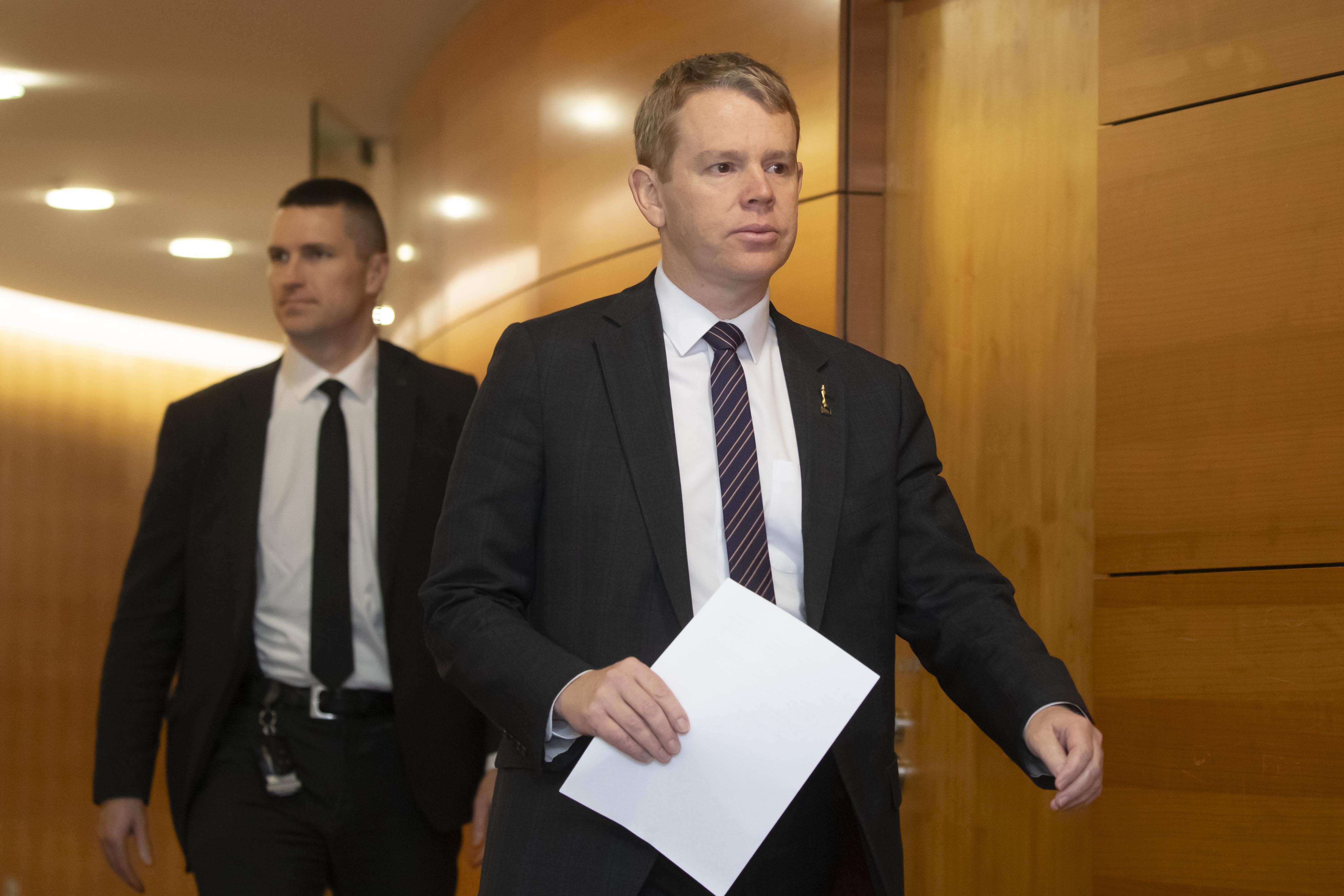 Prime Minister Chris Hipkins walks into the Beehive theatrette to give an update on Kiri Allan. Photo / Mark Mitchell