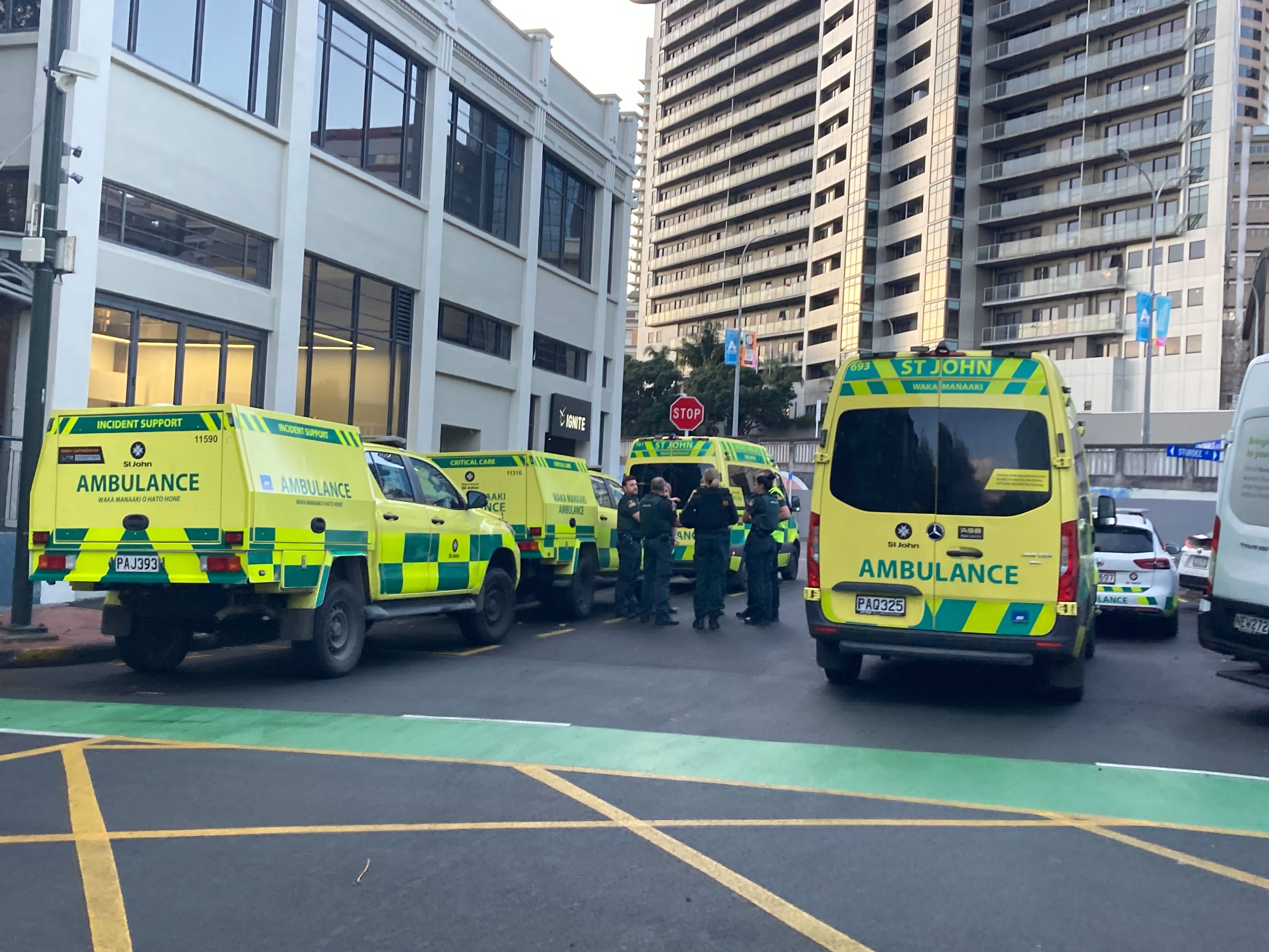 Police and St John respond to reports of a serious incident on Quay Street, Auckland CBD, this morning. Photo / Jaime Lyth