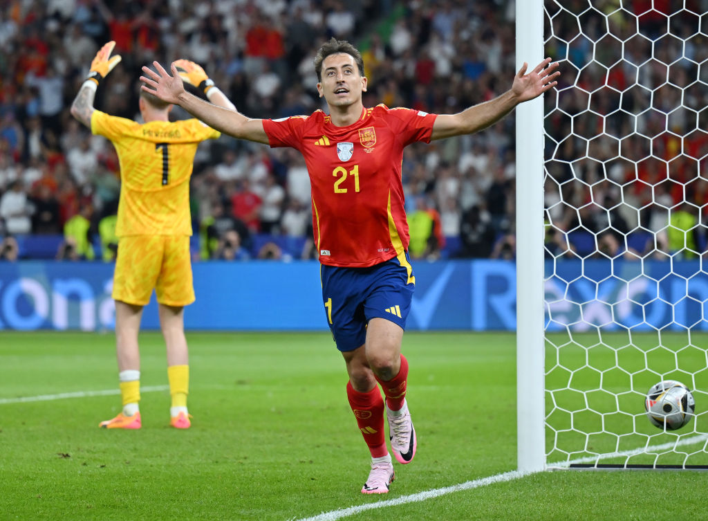 Mikel Oyarzabal of Spain celebrates scoring the winning goal in the Euro 2024 final match between Spain and England in Berlin. Photo /Getty Images