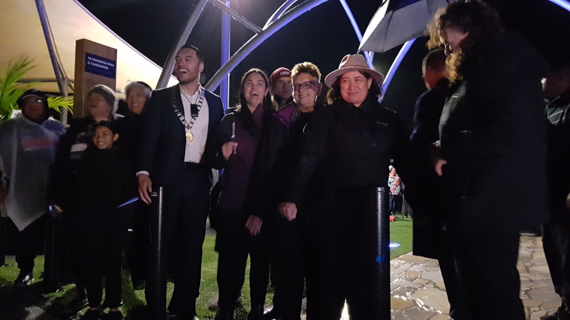 Far North District Mayor Moko Tepania leads councillors at the celebration to open the Kaitāia Town Square.