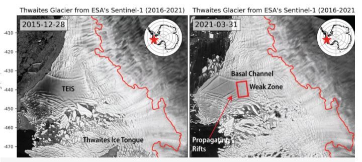 Image showing Thwaites Eastern Ice Shelf (TEIS) and areas of growing cracks. Photo / AGU