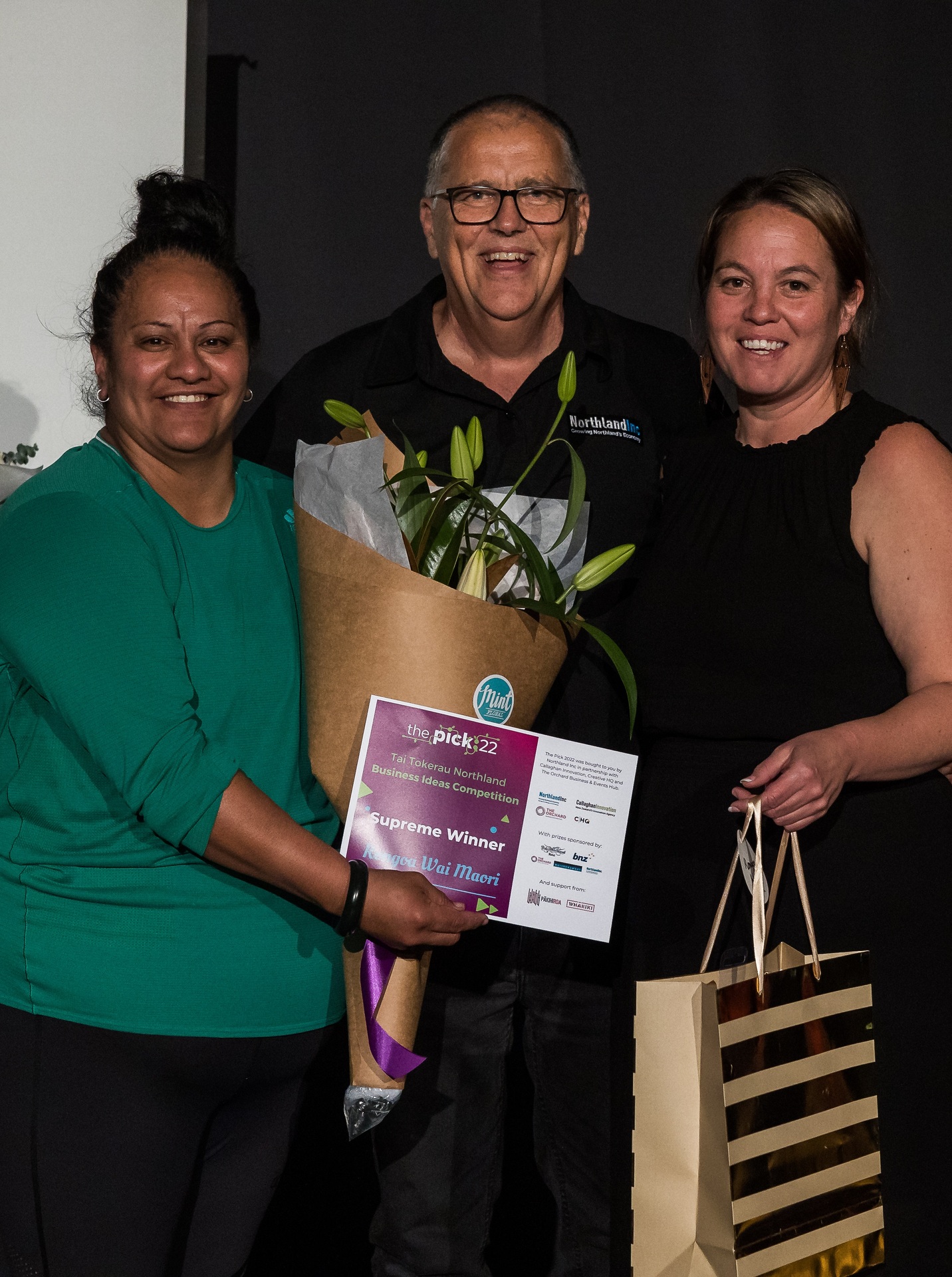 The Pick'22 winner Emily Kingi-Hepi with Northland Inc growth adviser David Templeton and Te Pai Roa Tika CEO Jodi Hayward.