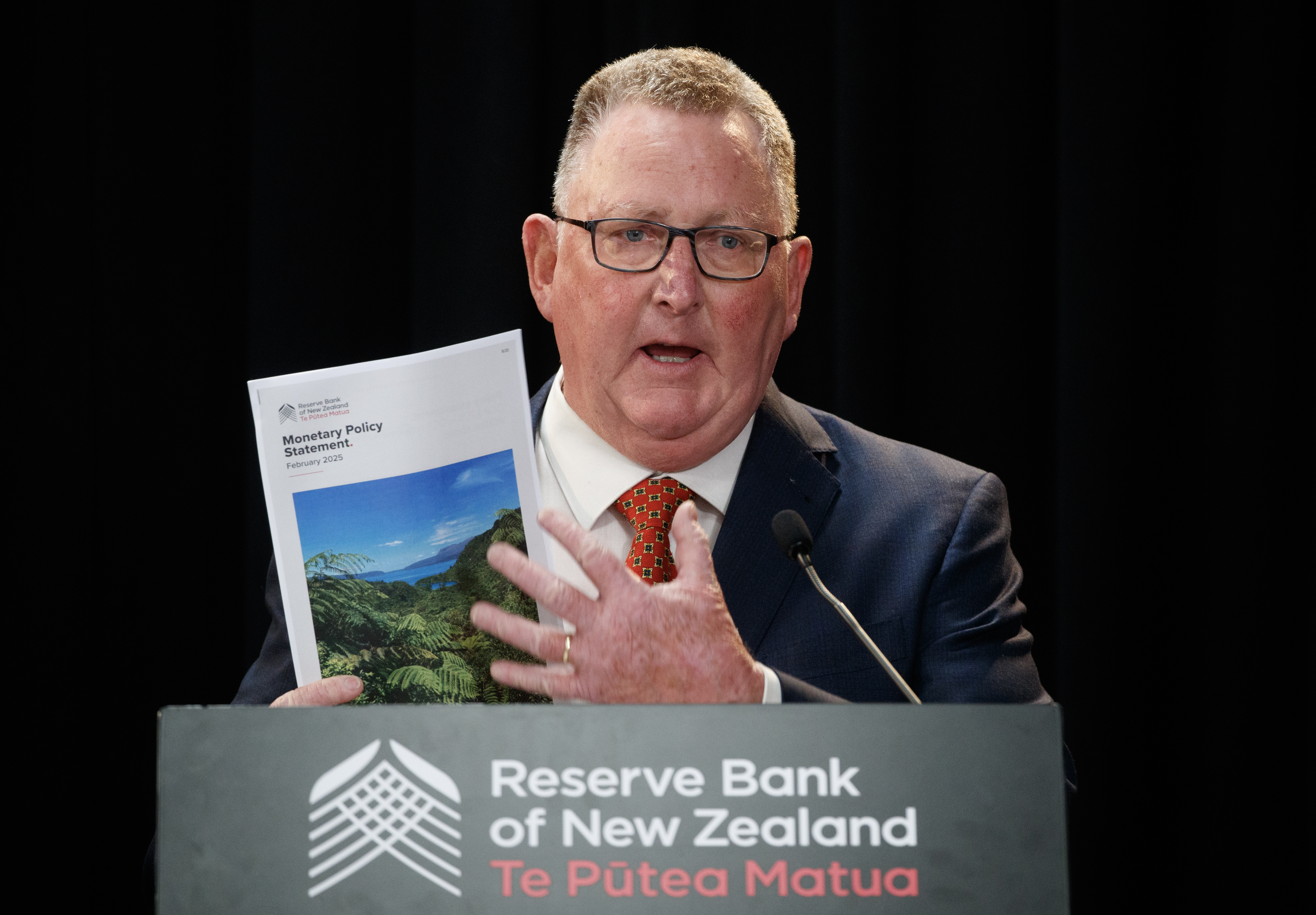 Reserve Bank Governor Adrian Orr during his press conference after the bank cut the Official Cash Rate (OCR) by 50 basis points in its February Monetary Policy Statement, Wellington, 19 February, 2025.  NZME photograph by Mark Mitchell
