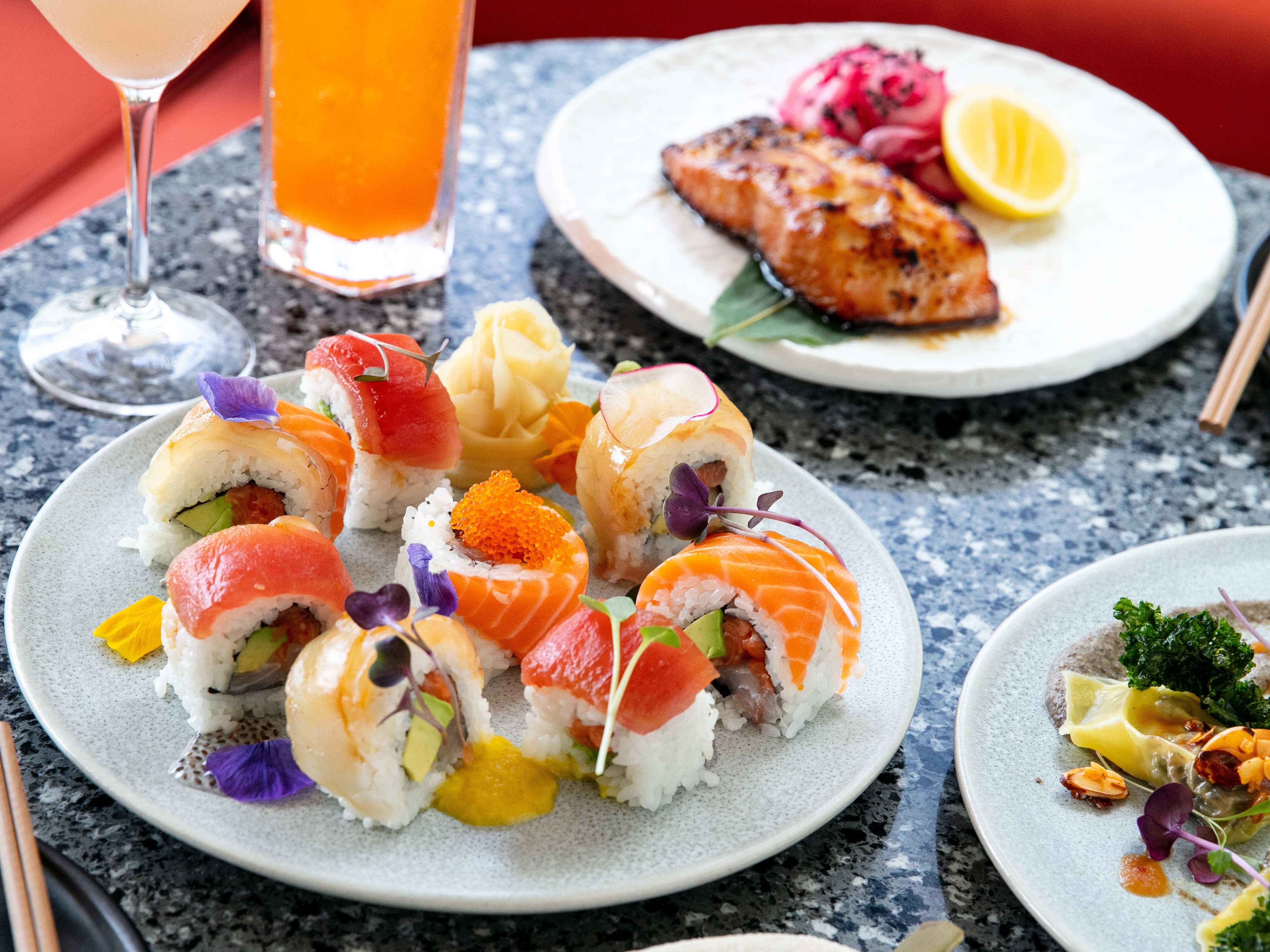 The rainbow sushi, chicken and salmon yakitori and artichoke dumplings on the menu at Azabu restaurant in Mission Bay. Photo / Babiche Martens