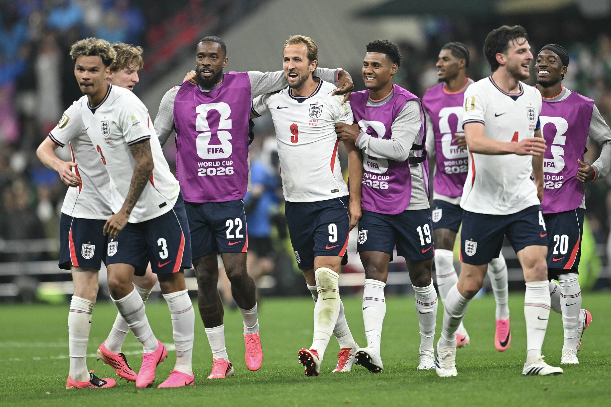 England players celebrate beating Mexico in the World Cup. Photo / AFP