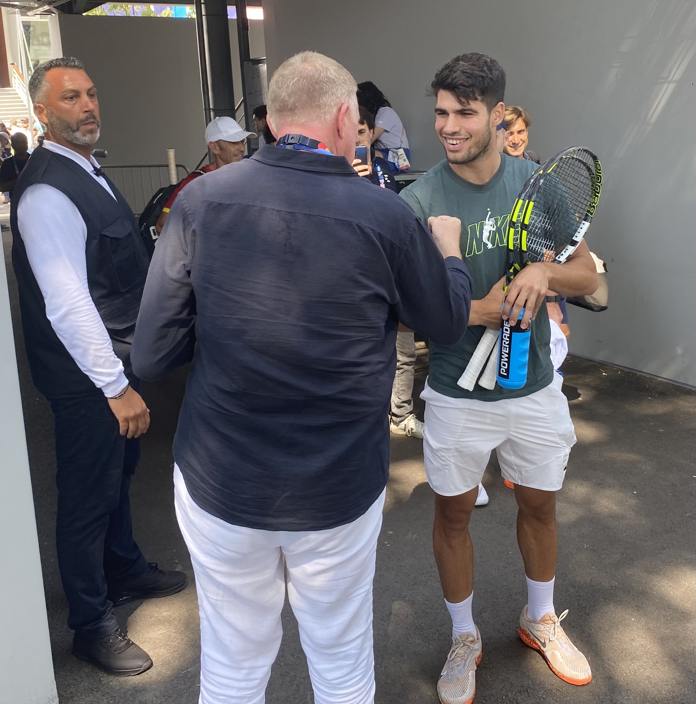 Tennis legend Boris Becker greets current star Carlos Alcaraz during the 2024 Olympics. Photo: Michael Burgess