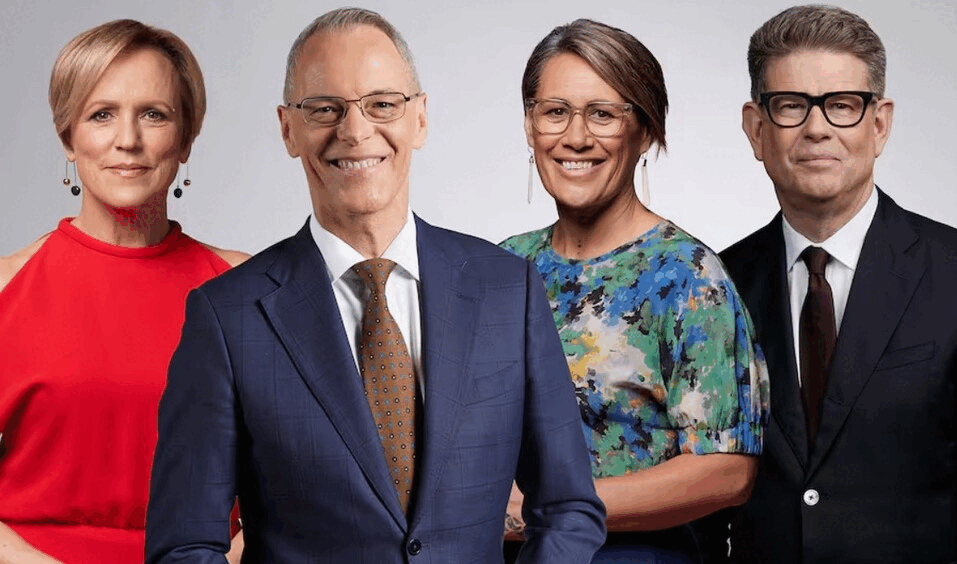 TVNZ broadcasters Hilary Barry, Simon Dallow, Jenny-May Clarkson and John Campbell, and its headquarters in central Auckland. Photo montage / TVNZ, Chris Skelton.