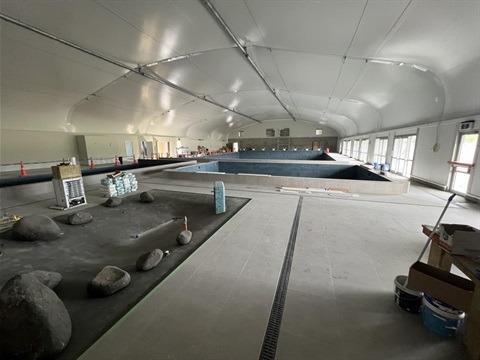 The Te Hiku Sports Hub’s main pool is taking shape, but won’t be open until March, leaving Kaitāia without a public pool until then.