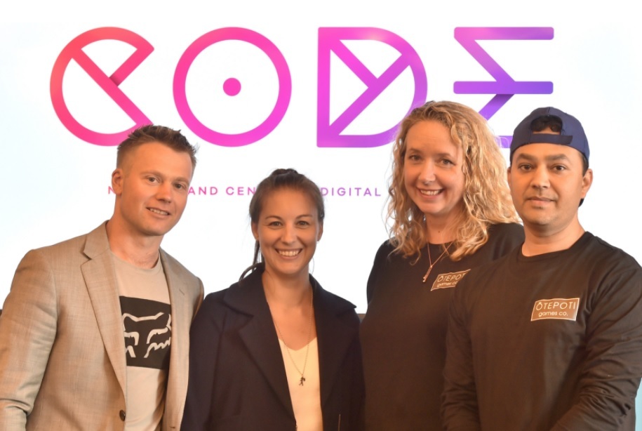 Celebrating Code grants (from left): Gfactor Technologies CEO Rhys Gardner and general manager Claire Paterson, and Otepoti Games CEO Kylie Jackson and production consultant Sid Vinchurkar. Photo / Gregor Richardson, ODT