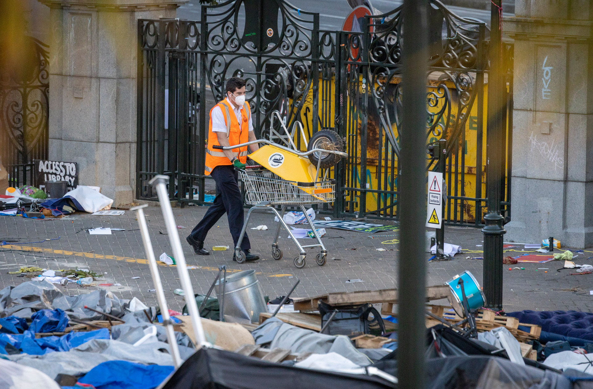 The clean up on Parliament lawn starts after yesterday's violent end to the Convoy 2022 protest which saw conflict between police and protesters. Photo / Mike Scott