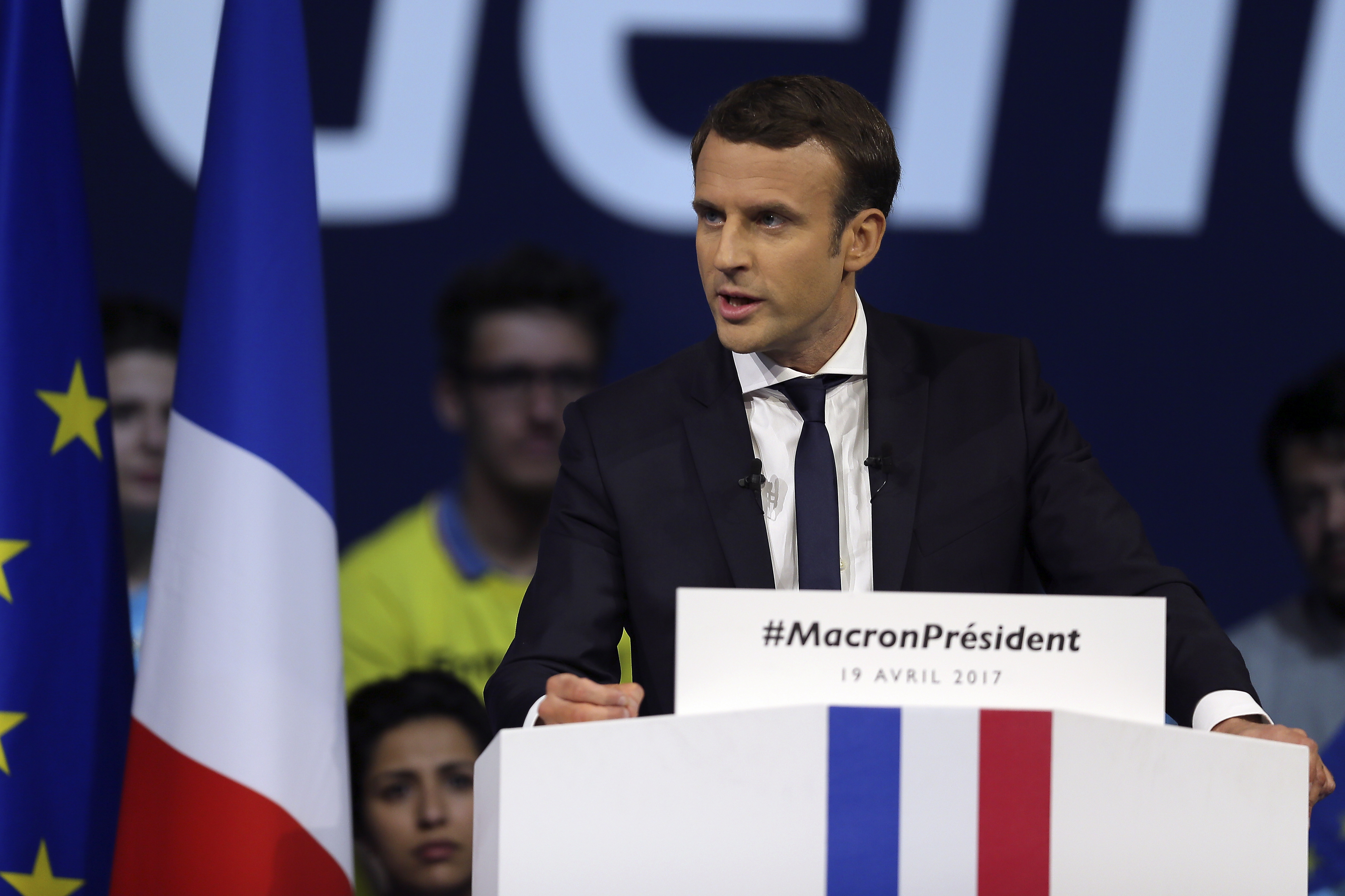 Independent centrist candidate Emmanuel Macron delivers his speech during a meeting in Nantes, western France. Photo / AP