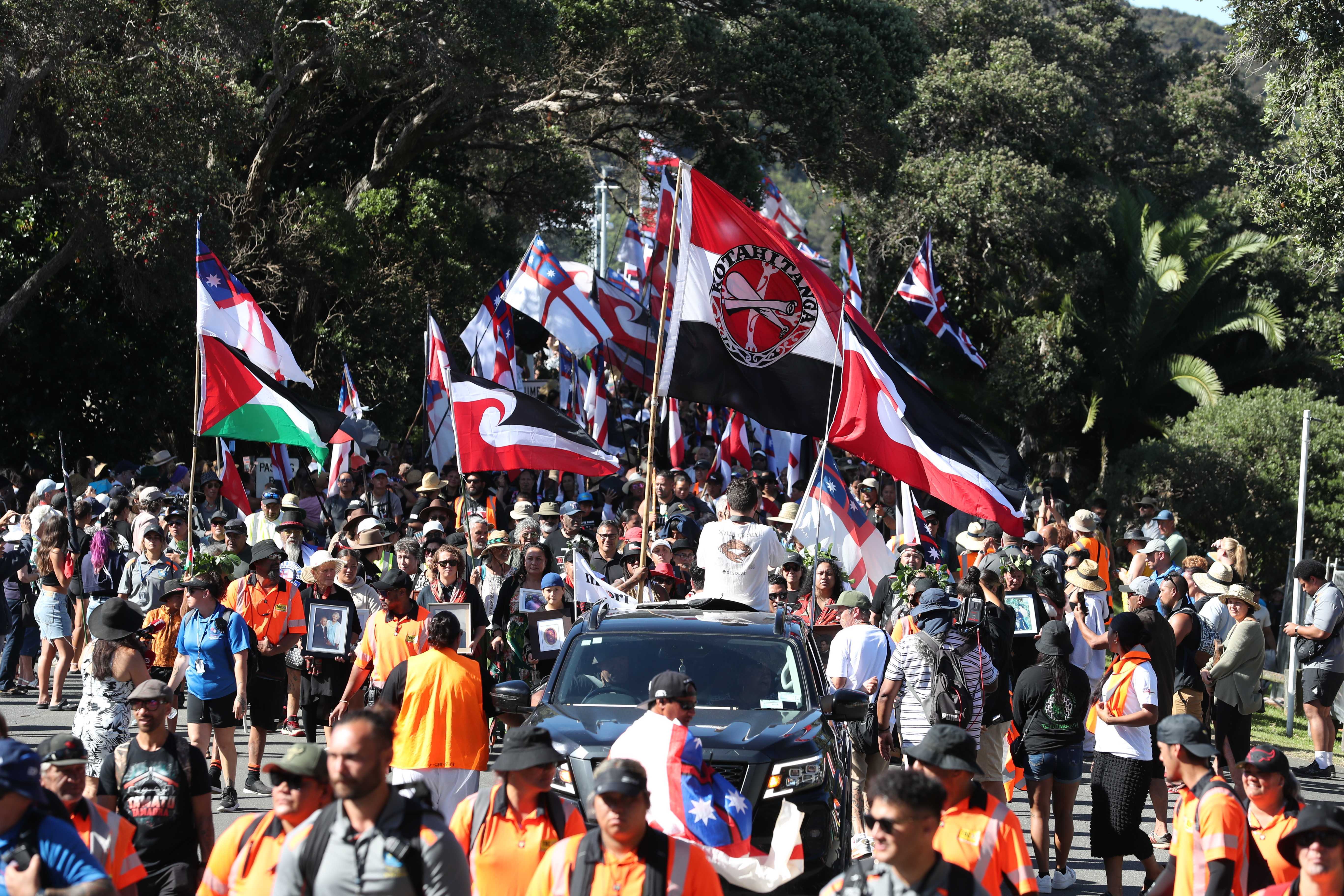 The hīkoi approaching Te Whare Rūnanga. Photo / Michael Cunningham