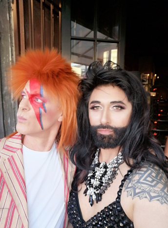 A costumed Colin Mathura-Jeffree is pictured with 1News host Simon Dallow, who is dressed up as Eurovision winner Conchita Wurstt, at SPQR in this undated photo. The longtime Ponsonby Rd restaurant and bar went into liquidation on Thursday and is no longer trading. 