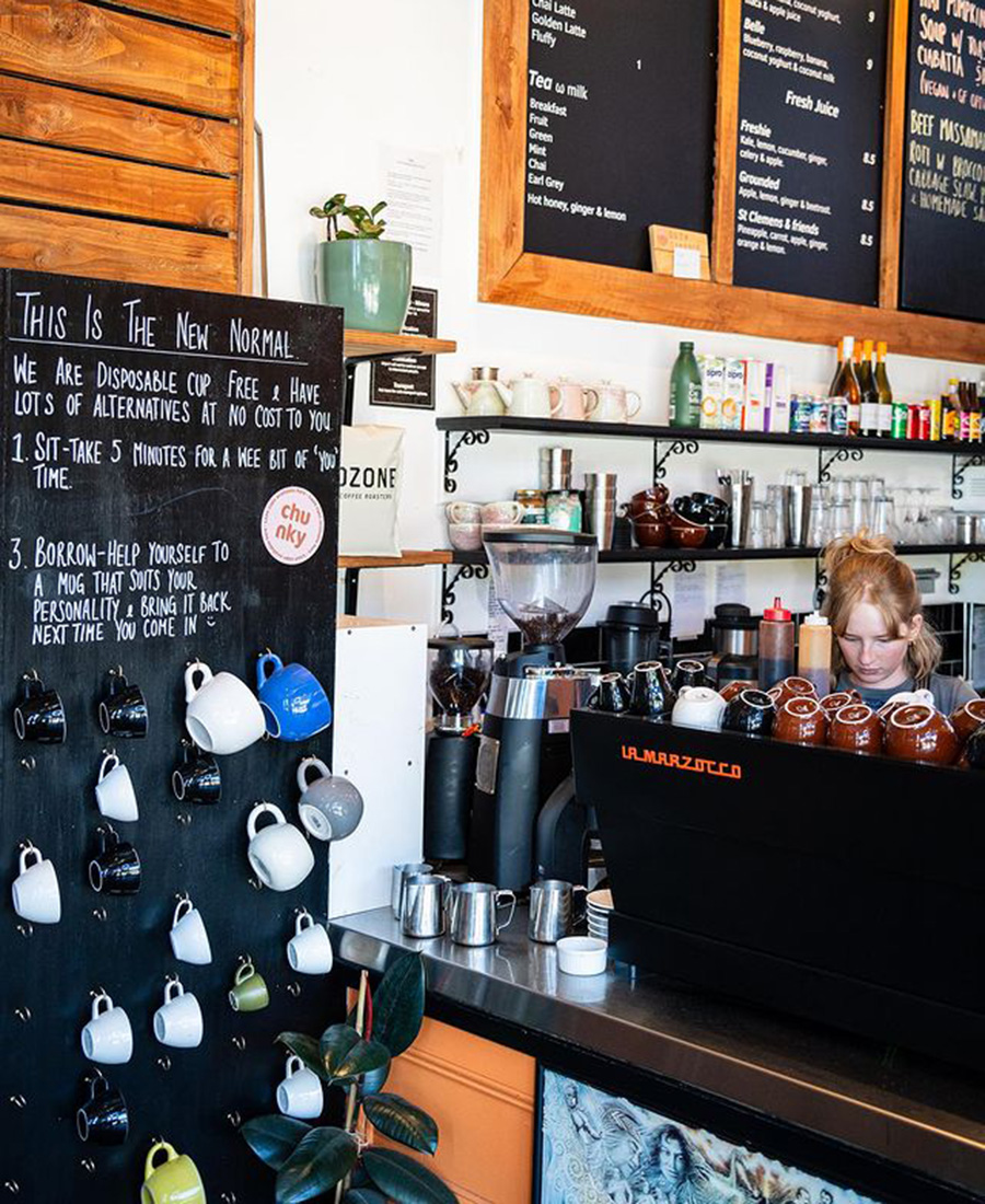 The mug library at Hustl. Cafe. Photo / Instagram, @hustl.qt