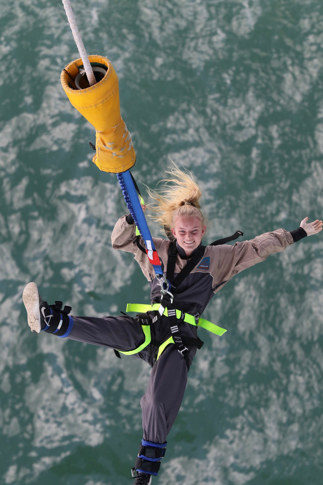 Cassandra bungee jumping in Auckland harbour in 2019. Photo / Supplied