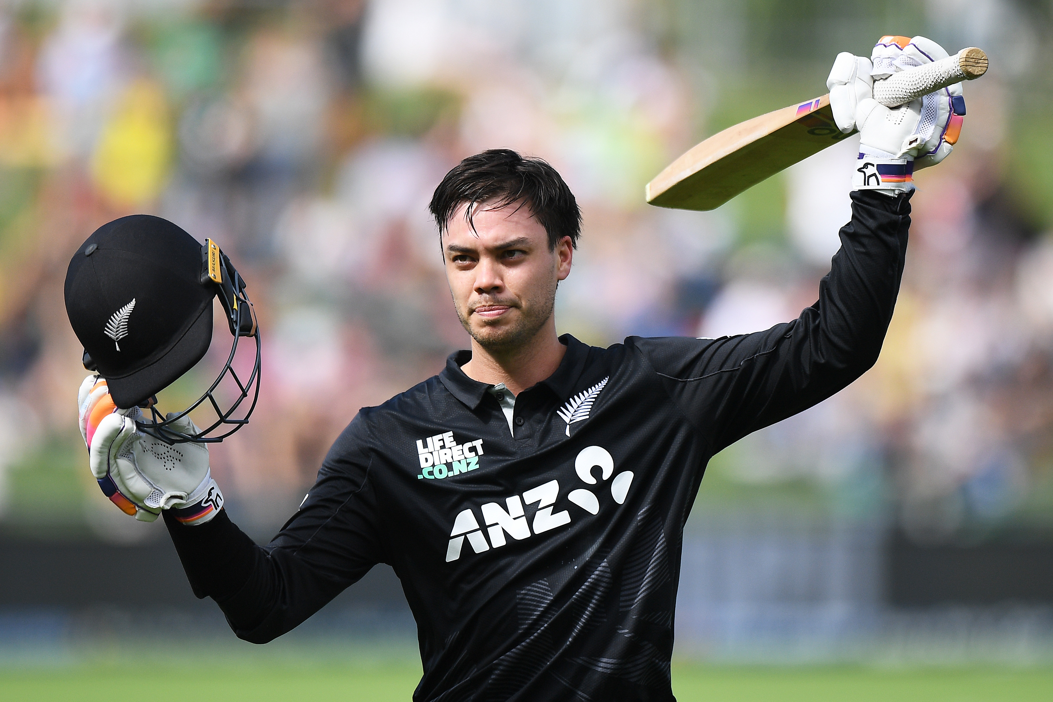 Mark Chapman celebrates his century during the first ODI against Pakistan. Photo / Photosport