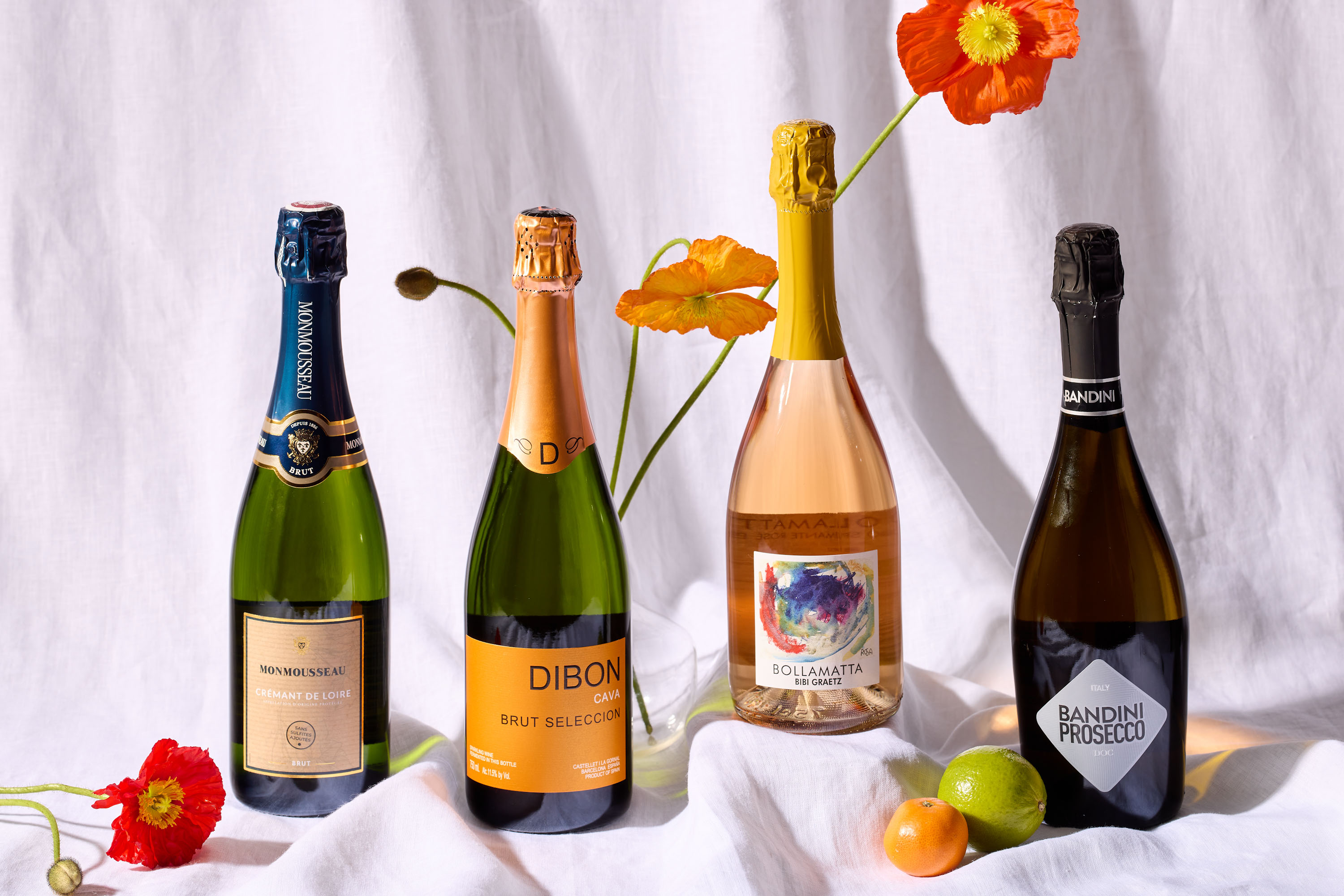 From left: Monmousseau Crémant de Loire ‘Sans sulfites’ Brut France NV; Dibon Cava Brut Seleccion Spain NV; Bibi Graetz Bollamatta Tuscany, Italy Spumante NV 87; Bandini Prosecco DOC Italy NV. 
Photo / Babiche Martens 