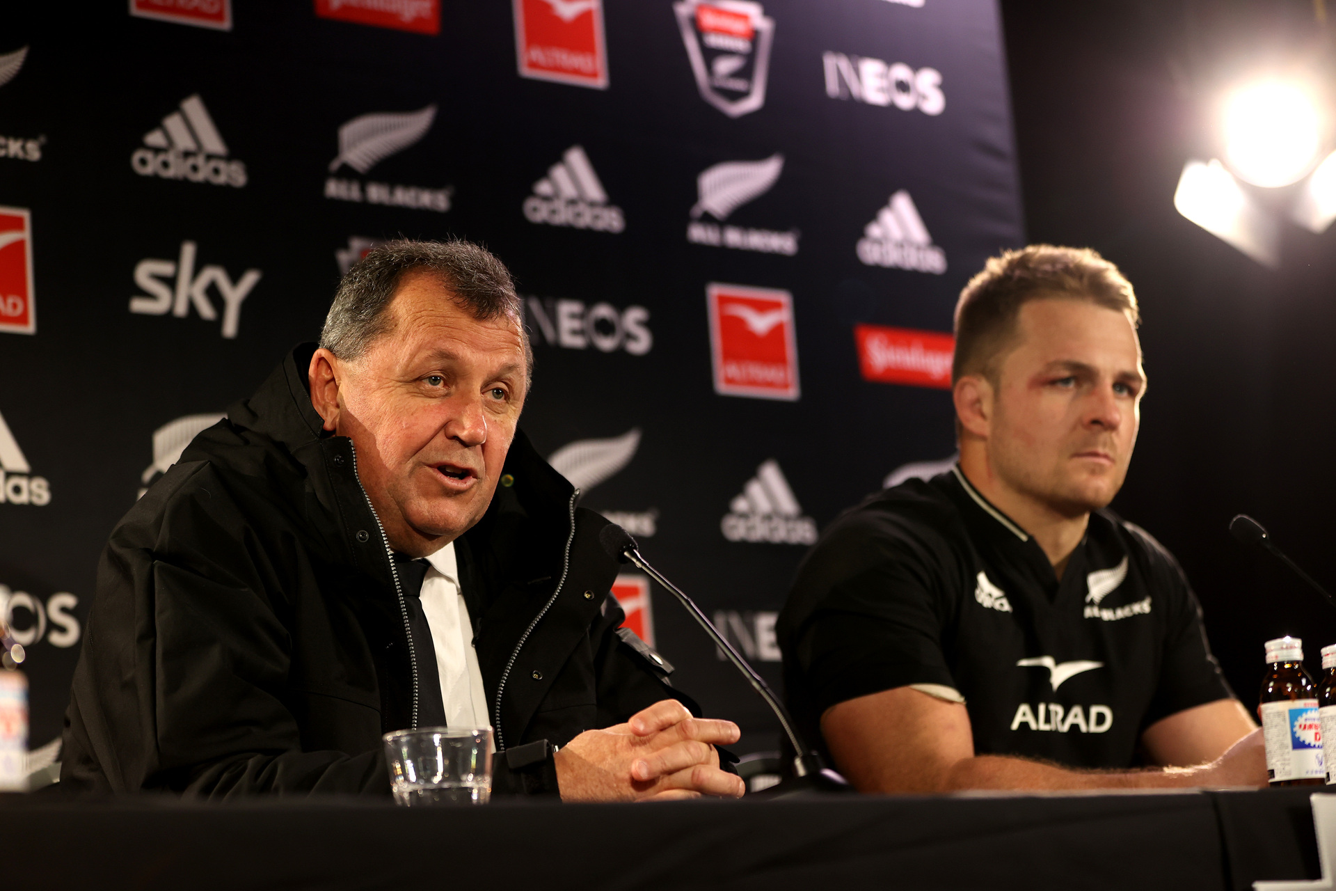 All Black coach Ian Foster and captain Sam Cane look on at the press conference following the second test defeat in Dunedin. Photo / Getty