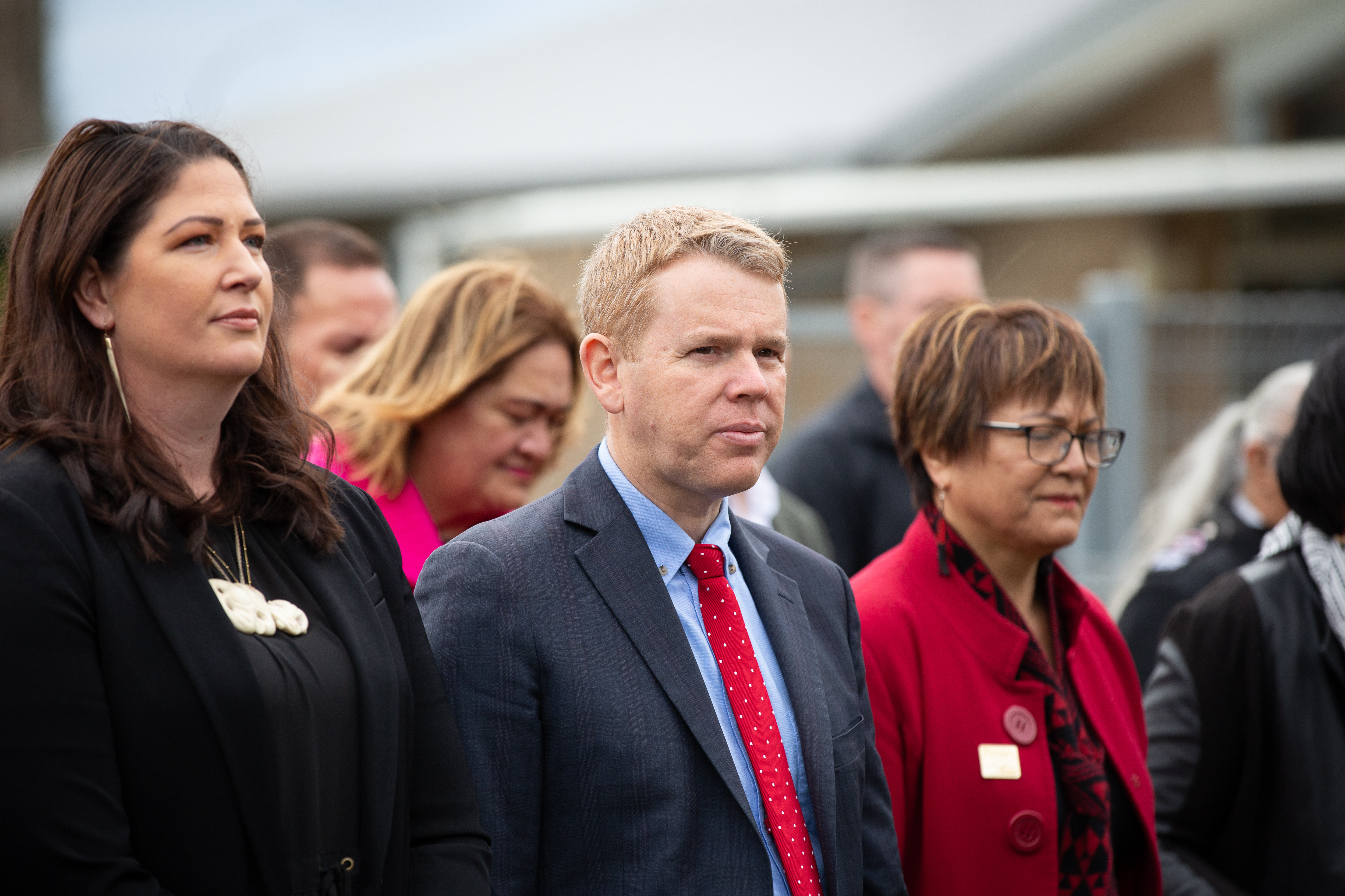 Prime Minister Chris Hipkins flanked by Willow-Jean Prime and Soraya Peke-Mason at Ngā Whare Waatea Marae in Mangere, Auckland, for Labour's Māori campaign launch. Photo / Sylvie Whinray